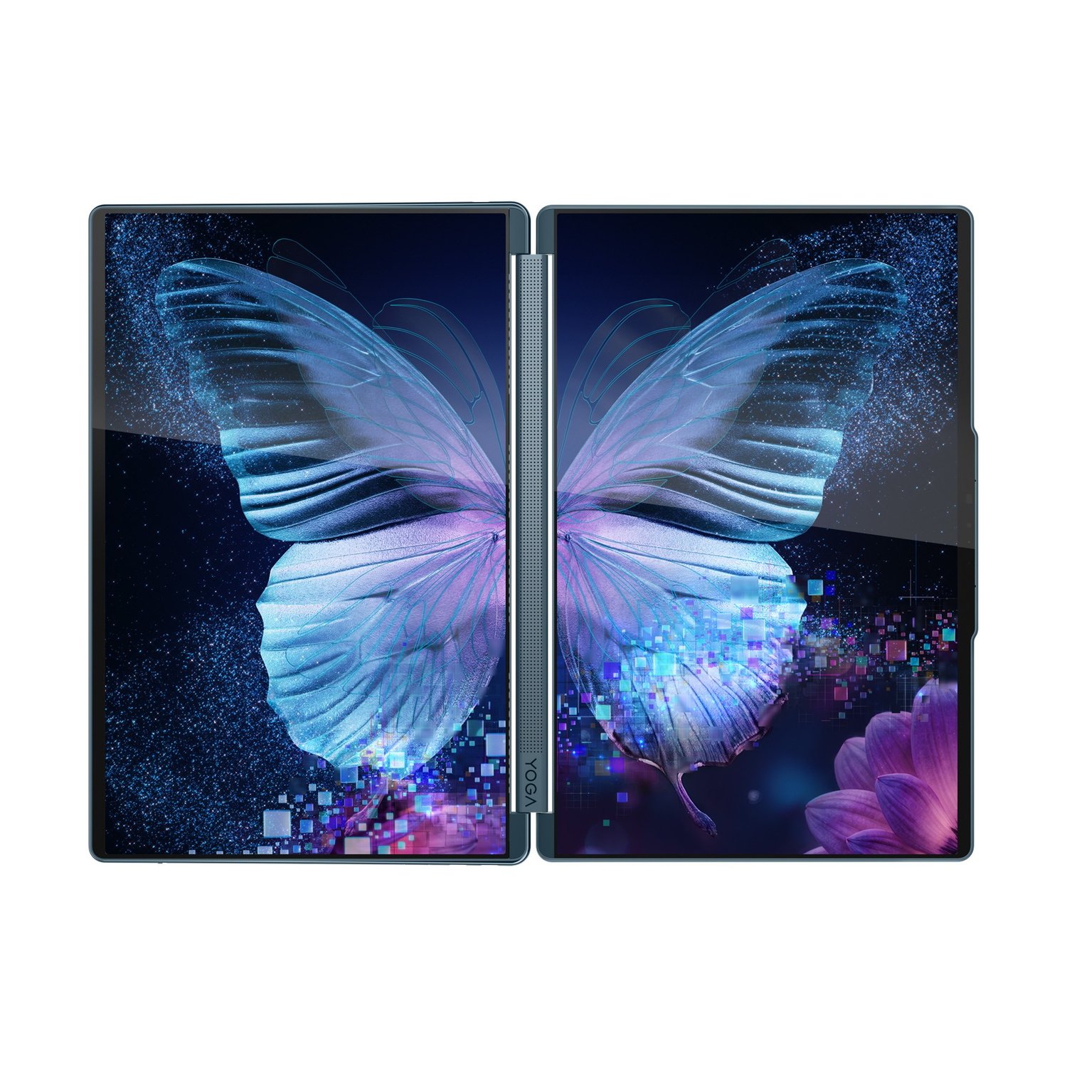 Un laptop aperto con una grafica a farfalla sugli schermi.