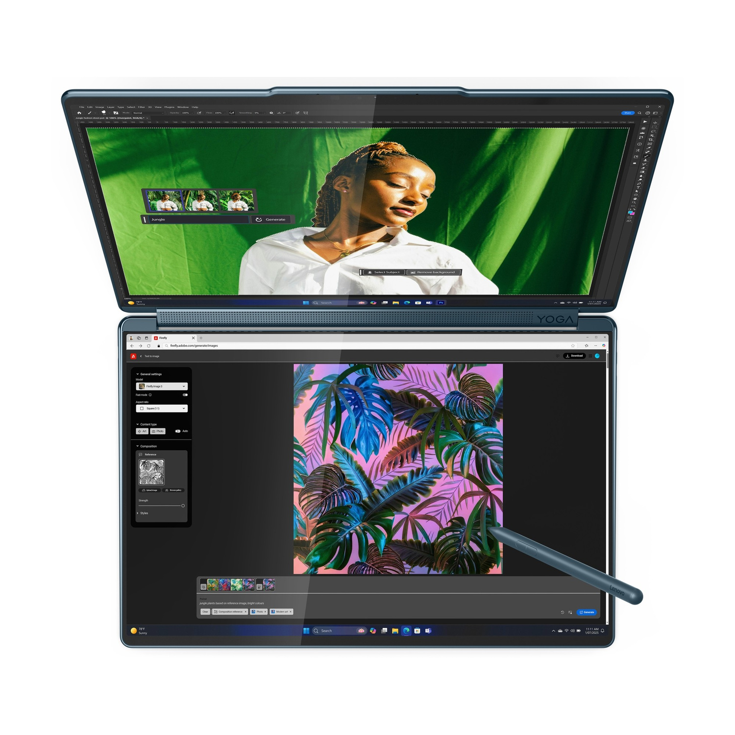 Un laptop mostra un programma di fotoritocco con un motivo di piante tropicali.