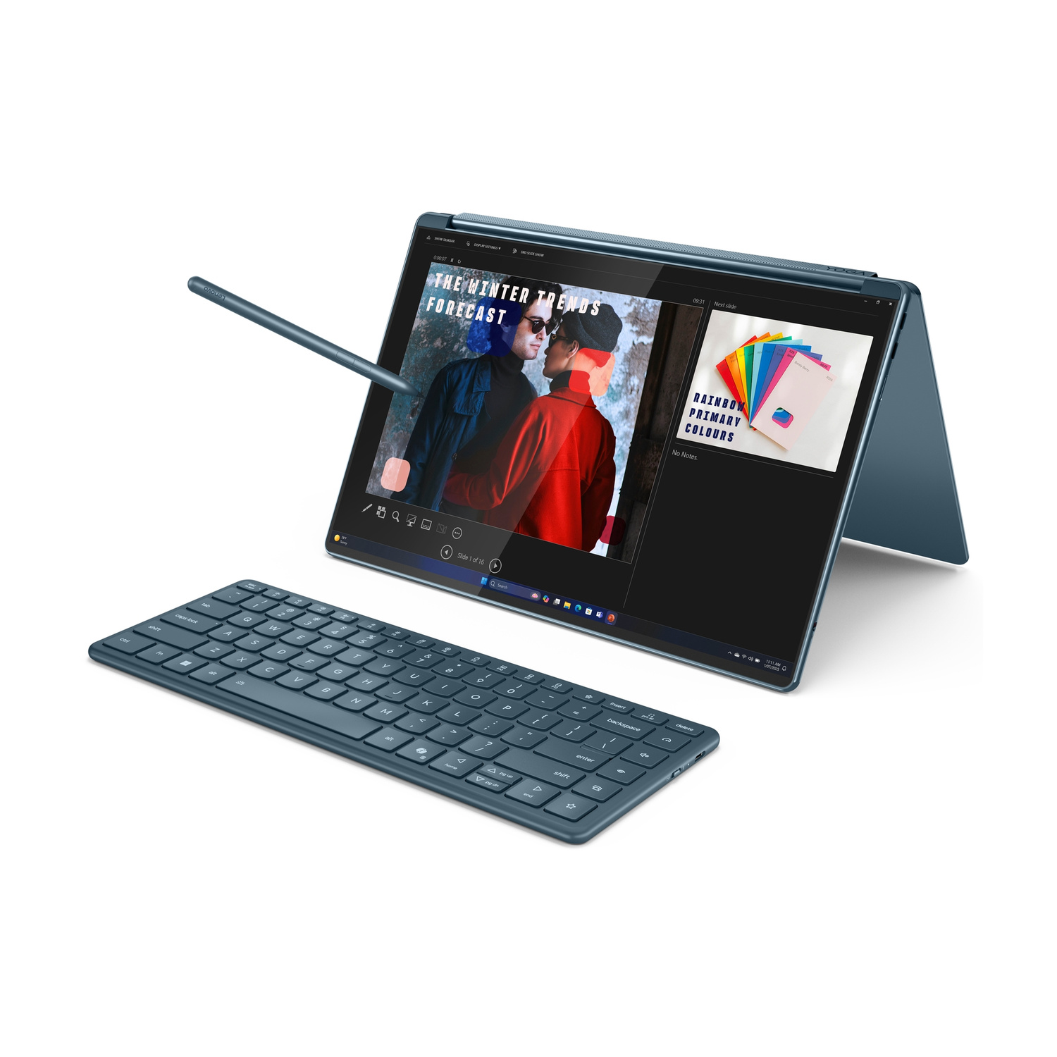 Un laptop blu con tastiera e penna. Lo schermo mostra una presentazione.