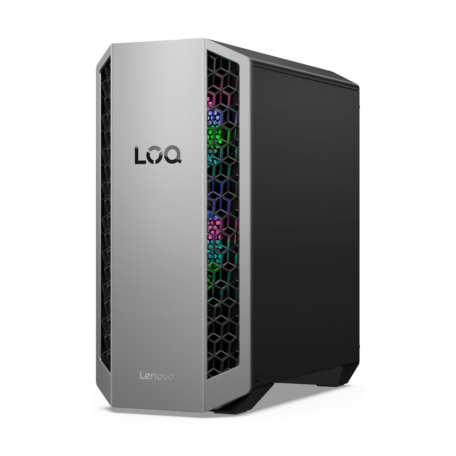 Torre PC gaming Lenovo LOQ argento e nero con illuminazione RGB visibile attraverso prese a nido d'ape.