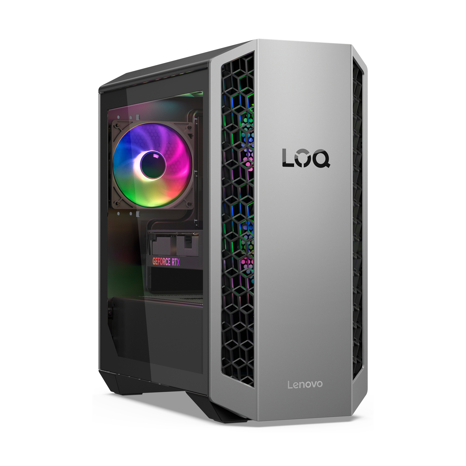 Un PC gaming Lenovo LOQ con ventola RGB e scheda grafica GeForce RTX.