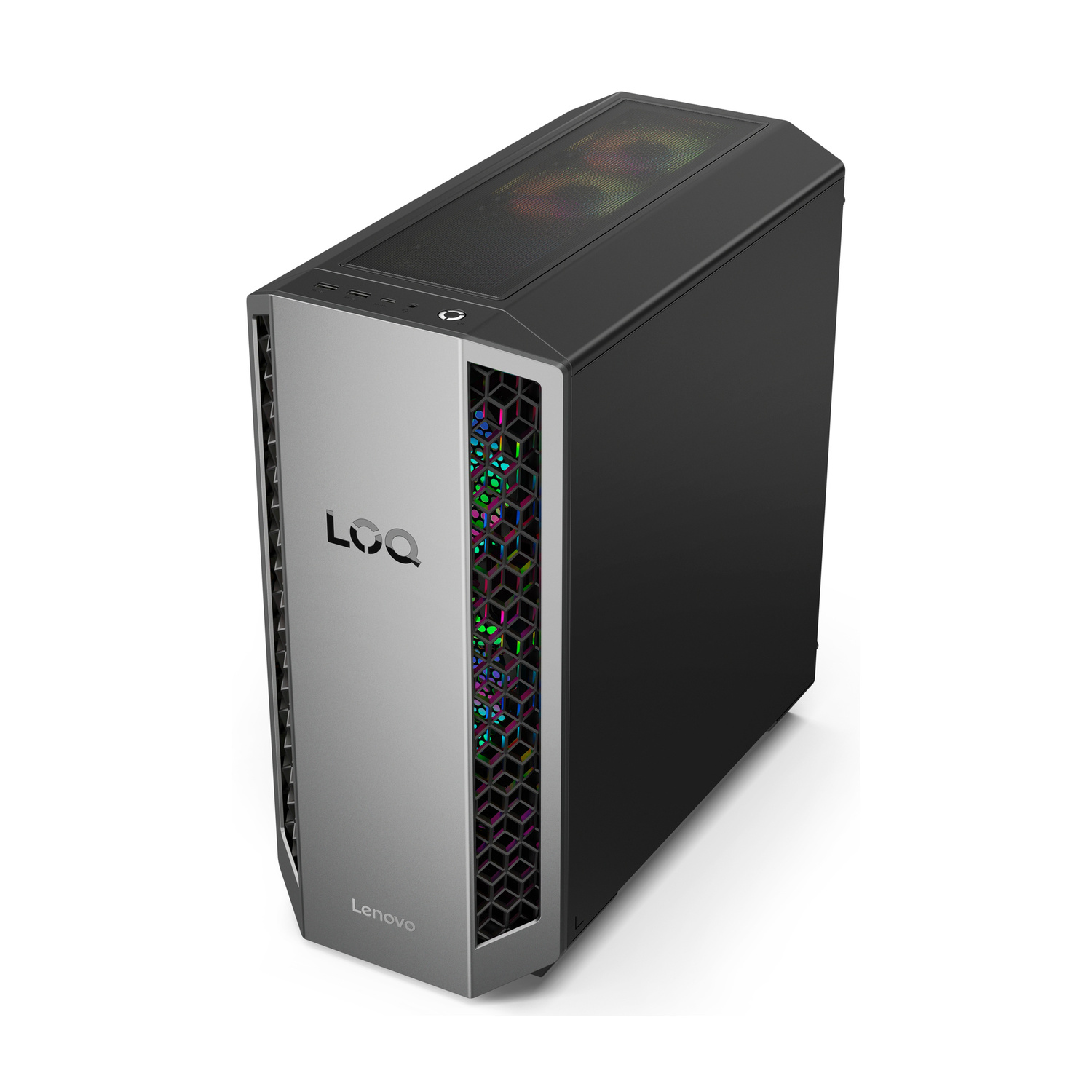 PC gaming Lenovo nero con pannello frontale argentato e illuminazione RGB.