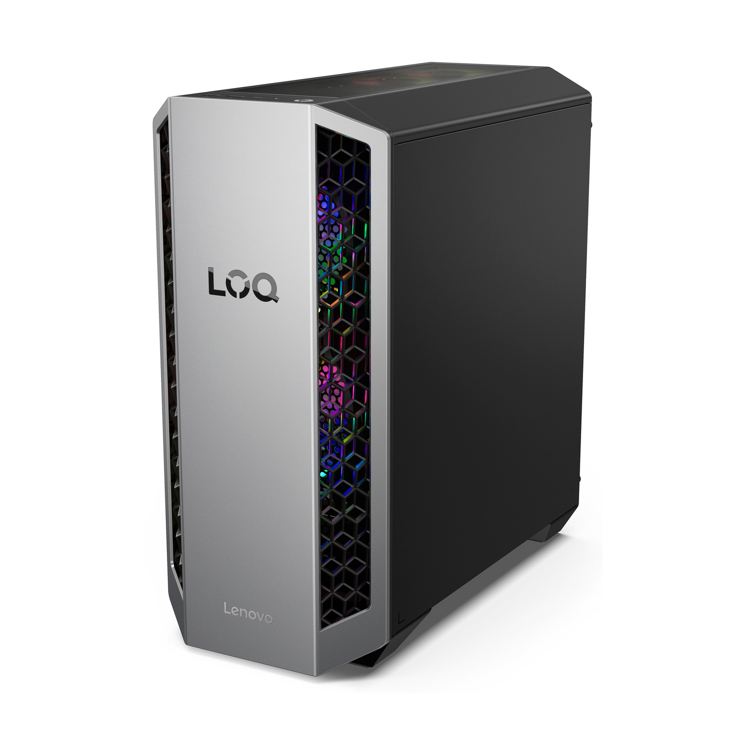 Un PC da gaming argento e nero con ventole RGB e logo LOQ.