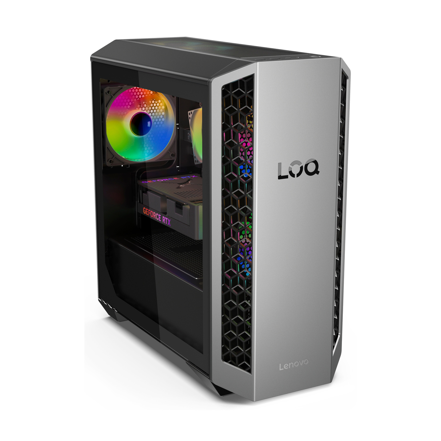 Un PC da gaming argentato con finestra in vetro e ventole RGB.