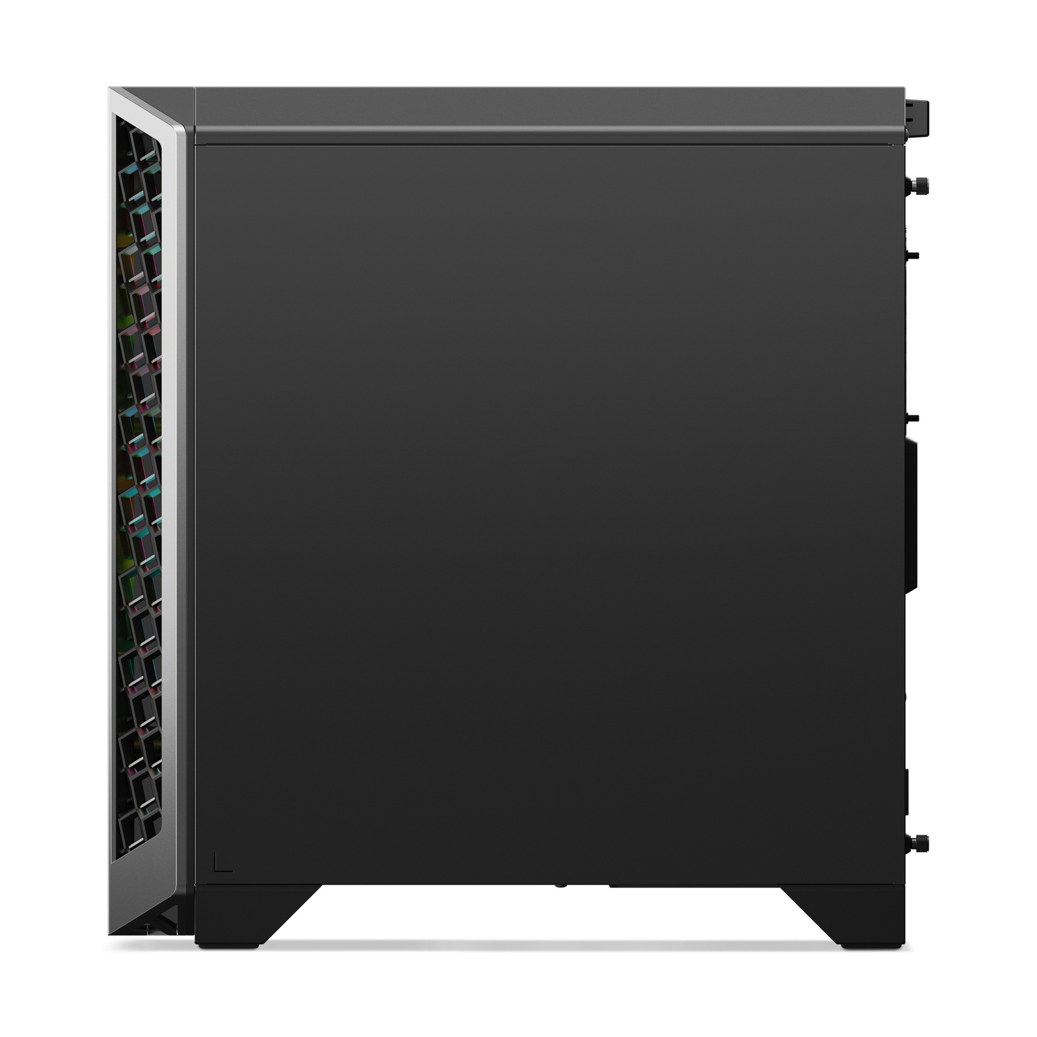 Case per computer nero con cornice argentata e prese d'aria a rete sul lato.