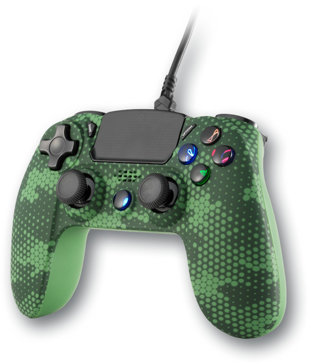 Zöld, digitális mintás gamer kontroller világító gombokkal.