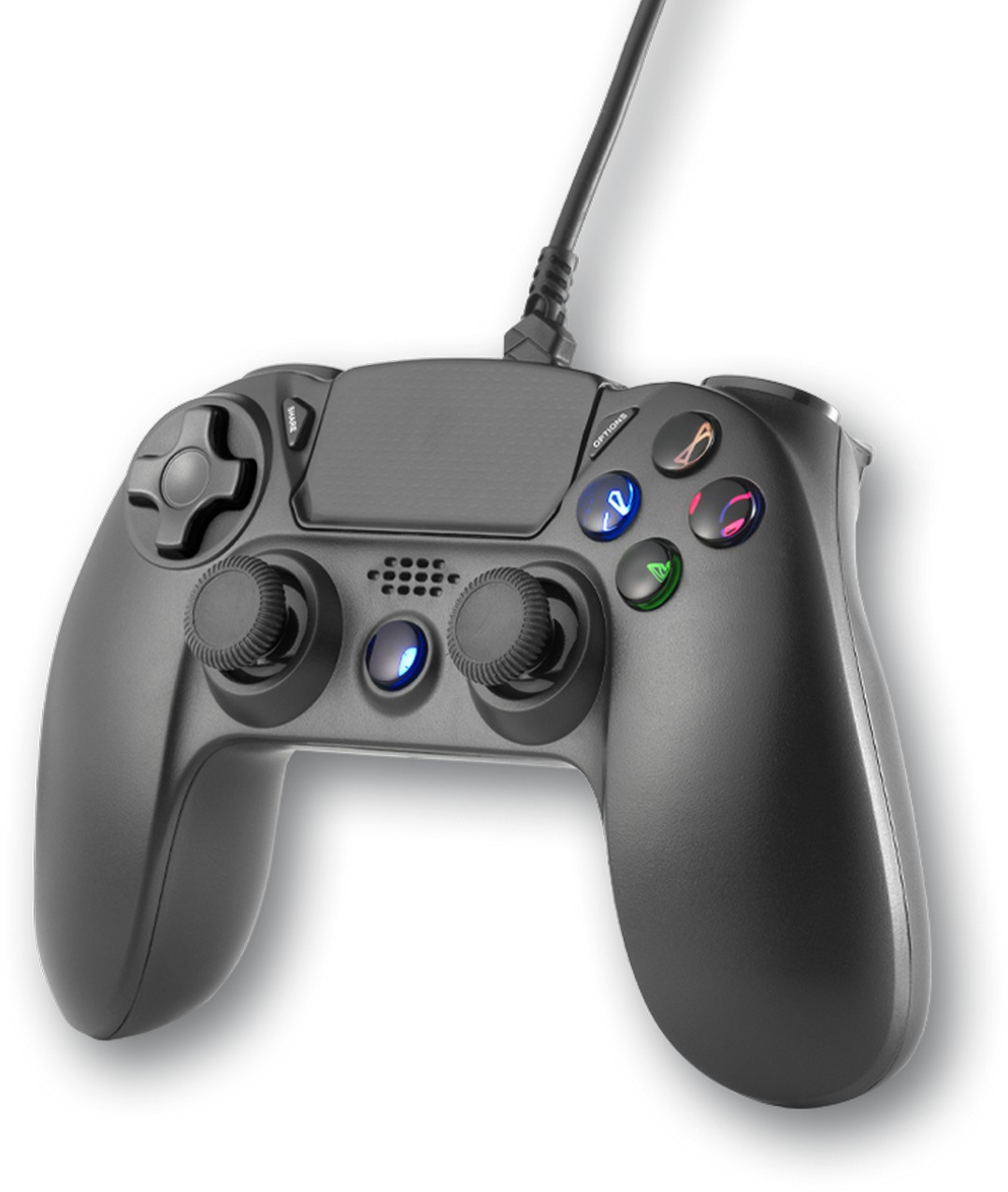 Egy fekete, vezetékes gamer kontroller két joystickkel és világító gombokkal.