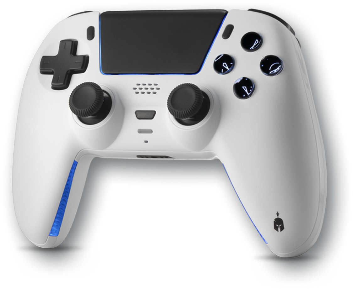 Fehér gamer kontroller kék díszvilágítással és fekete gombokkal.