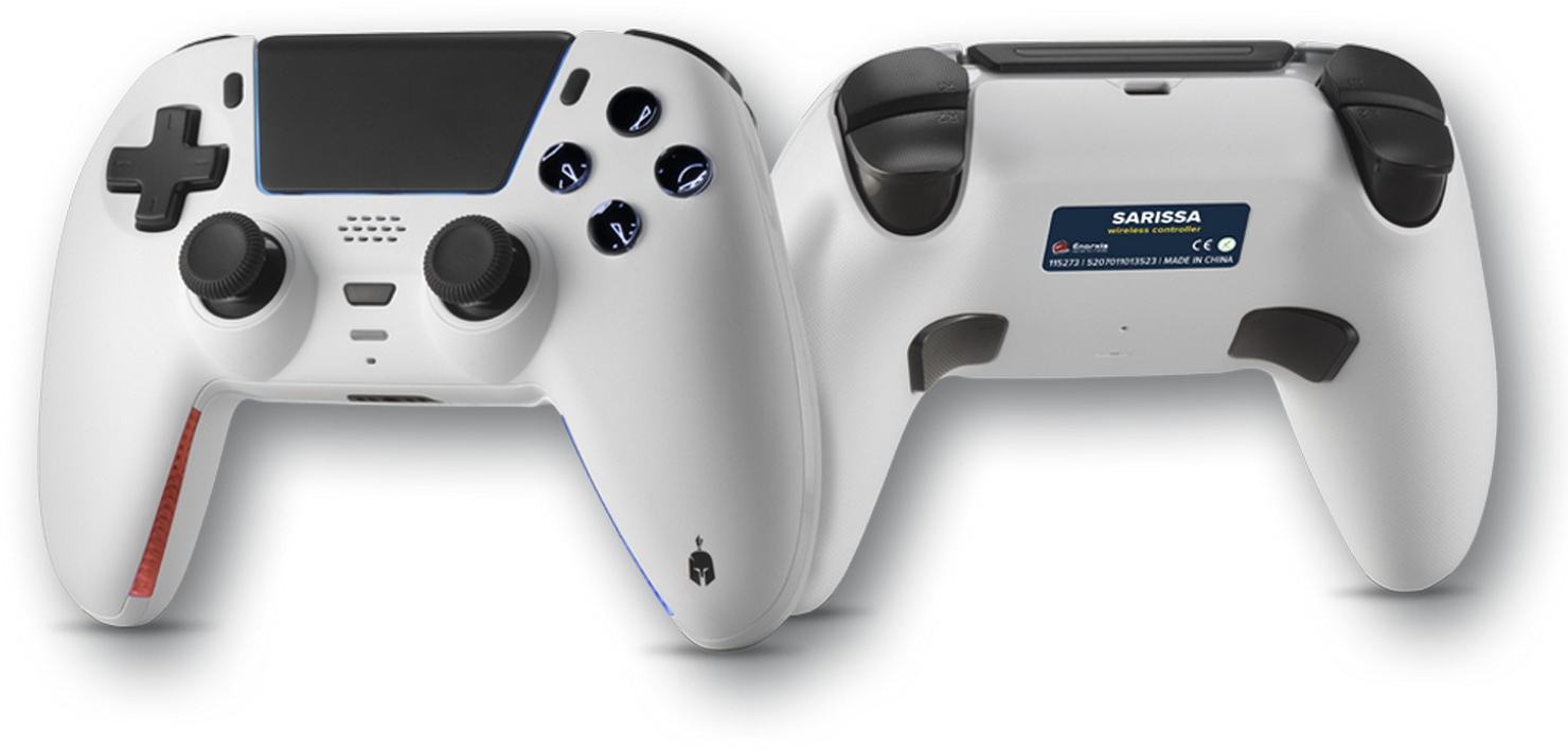 Két fehér kontroller egymás mellett. Az egyik az előlapot mutatja gombokkal és joystickokkal.