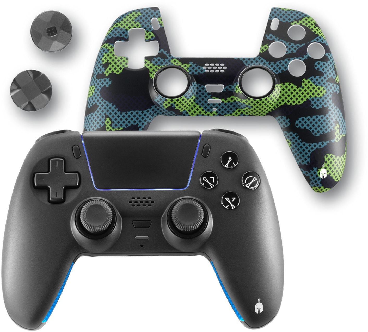 Két játékkonzol, egy fekete, egy zöld/kék terepszínű. Három szürke joystick sapka a közelben.