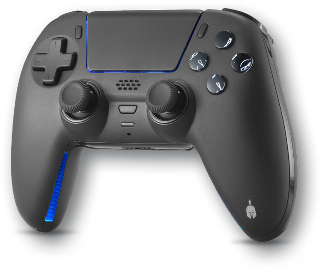 Fekete gamer kontroller kék díszítéssel és stilizált sisak logóval.