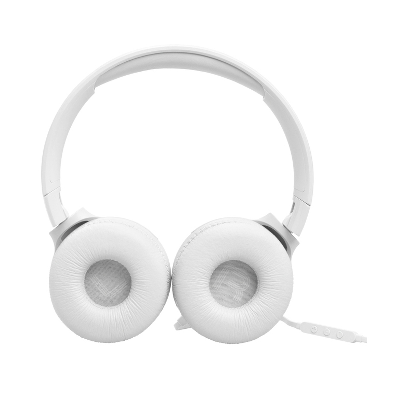 Cuffie bianche sovraurali con archetto e padiglioni imbottiti. Un cavo bianco con controlli esce dal padiglione destro.