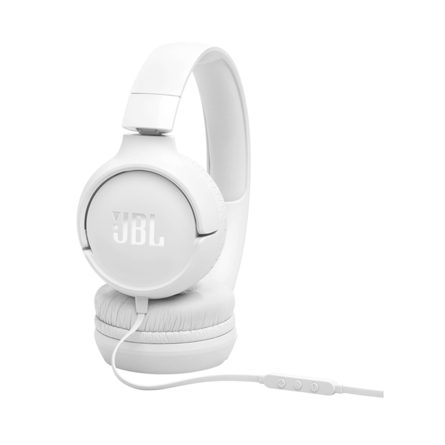 Cuffie JBL bianche con cavo e controlli in linea su sfondo bianco.