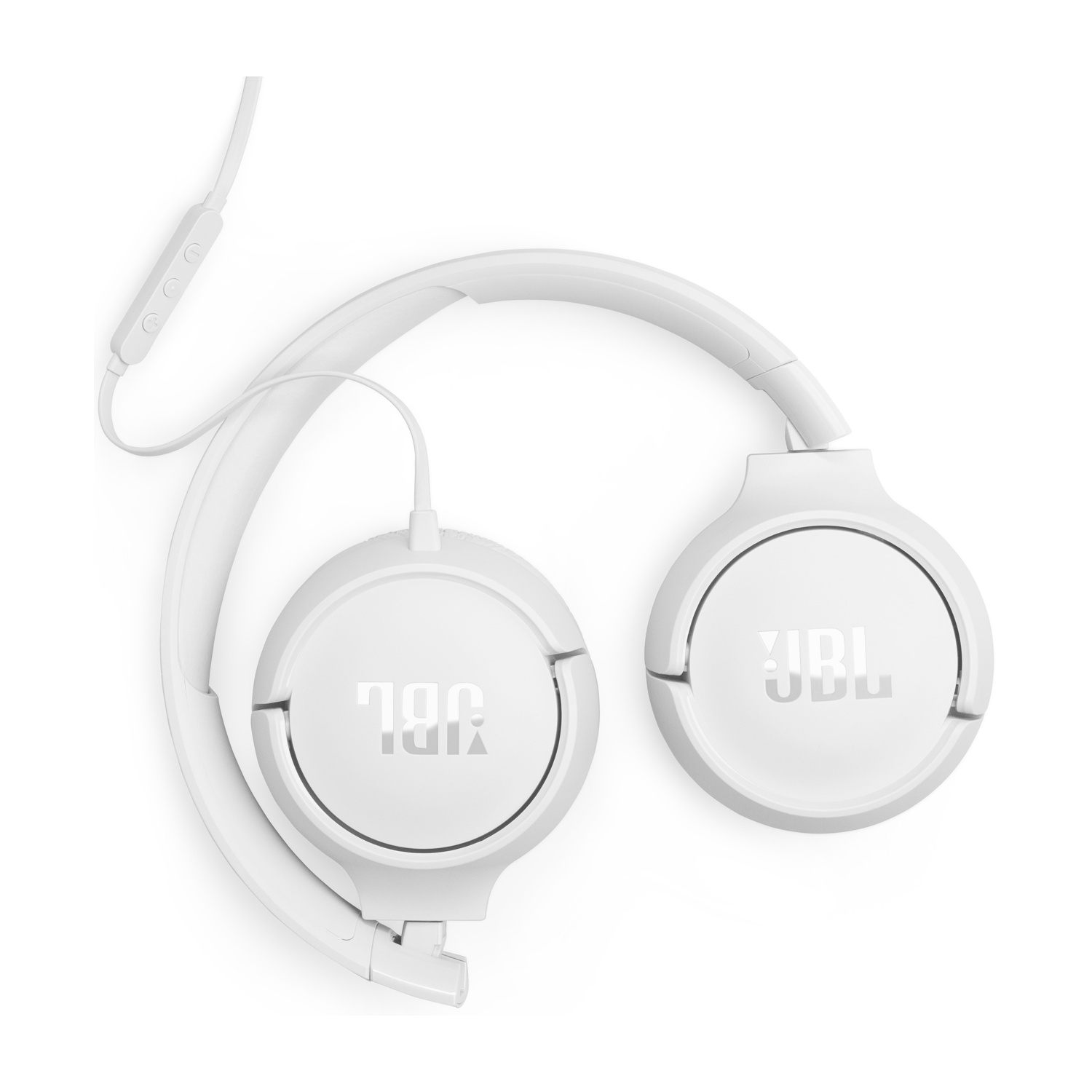 Cuffie JBL bianche con cavo e telecomando, su sfondo bianco.