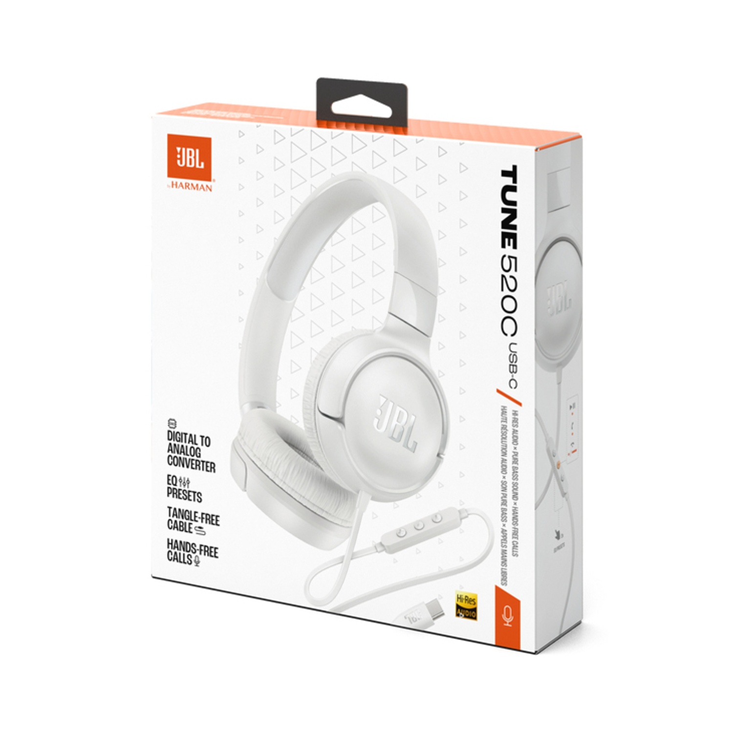 Cuffie JBL TUNE520C bianche con connettore USB-C su confezione bianca.