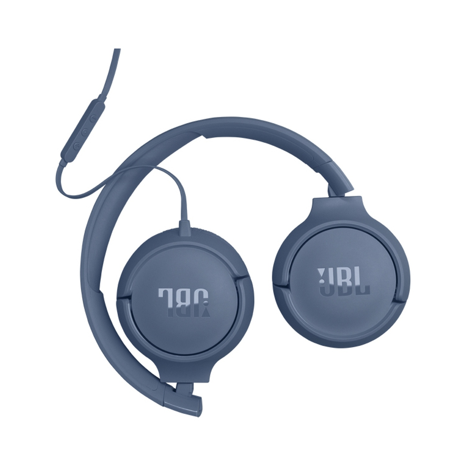 Cuffie JBL blu con cavo e telecomando, su sfondo bianco.