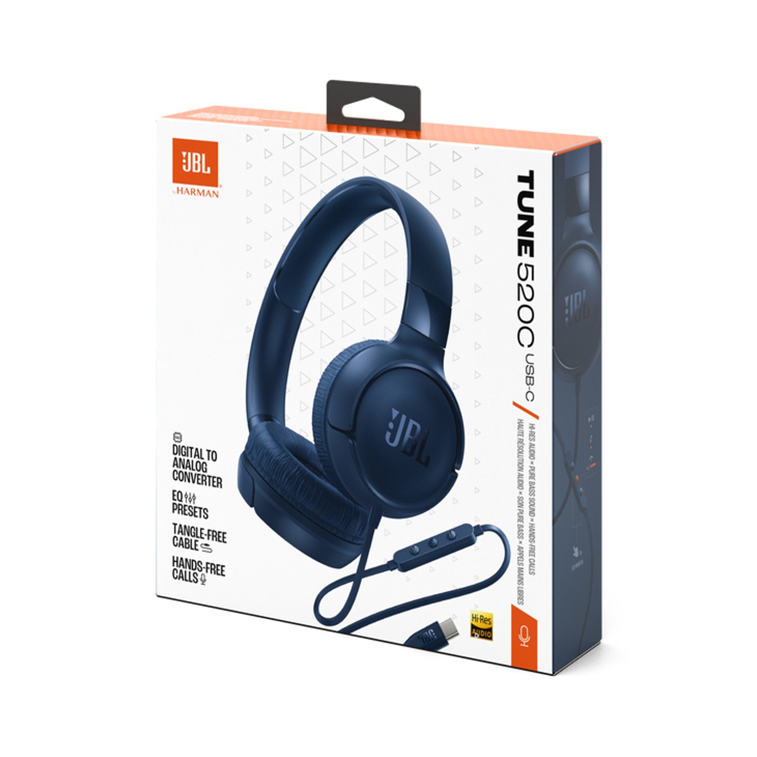 Confezione di cuffie JBL Tune 520C blu scuro con vista frontale dettagliata.