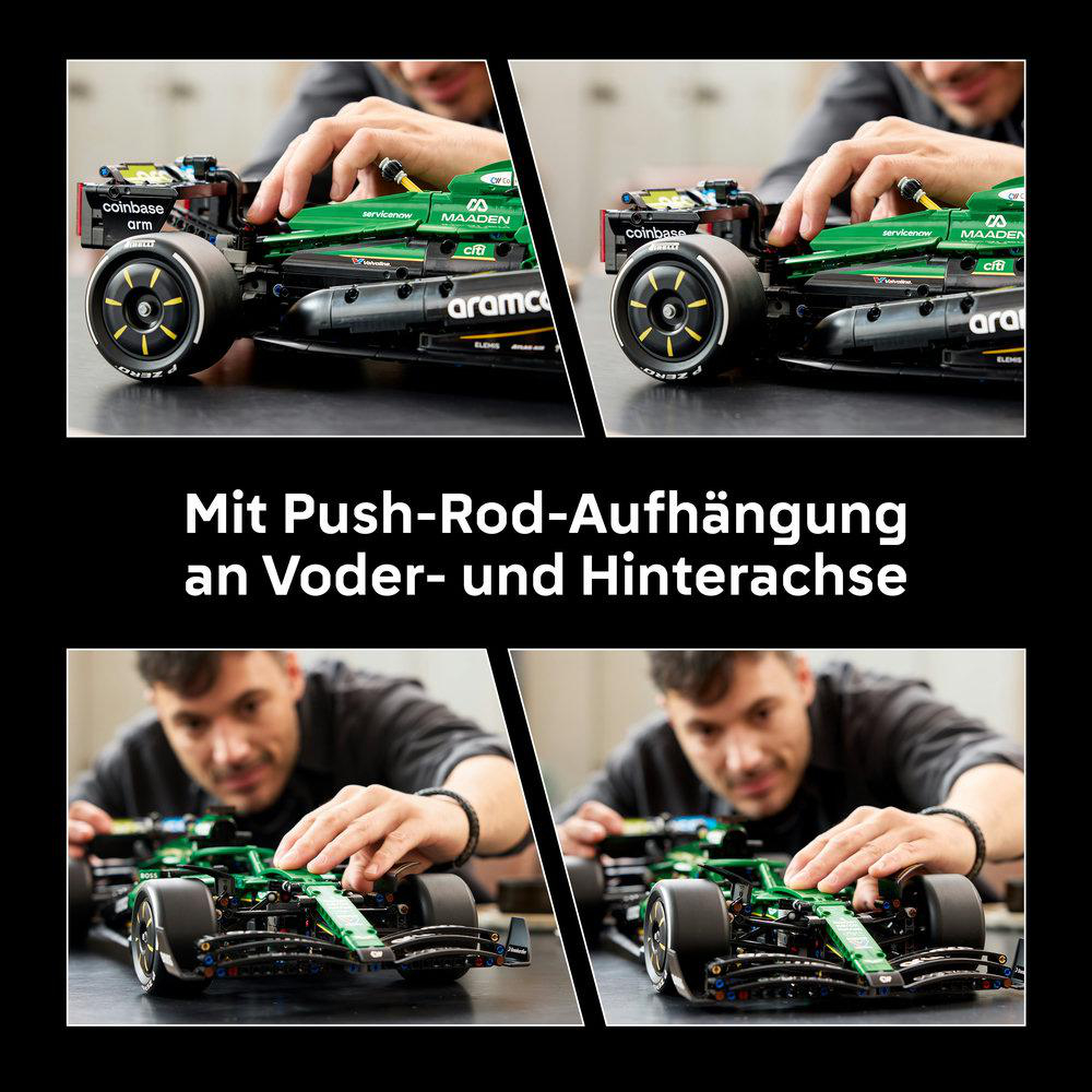 Grünes Formel-1-Auto-Modell mit Sponsorenlogos, von Händen montiert.