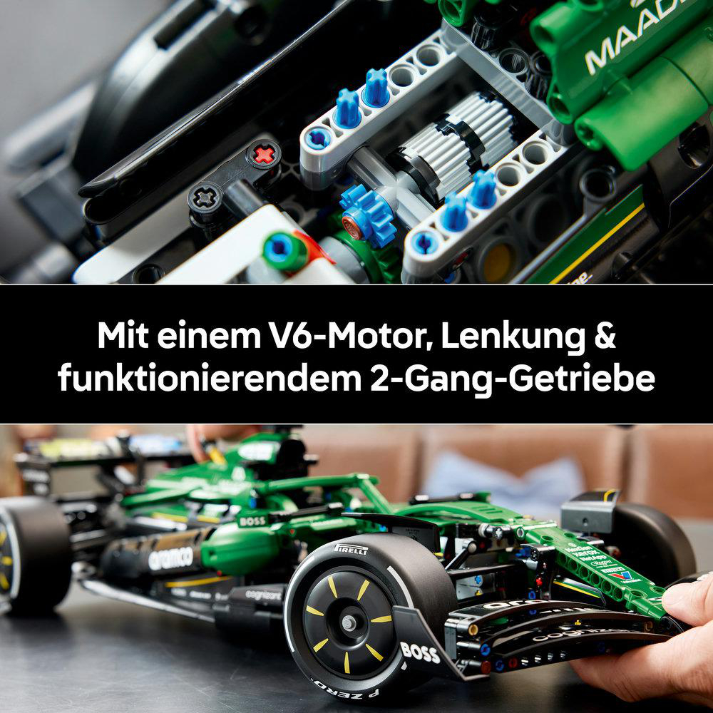 Ein grüner Lego-Rennwagen mit V6-Motor, Lenkung und 2-Gang-Getriebe.