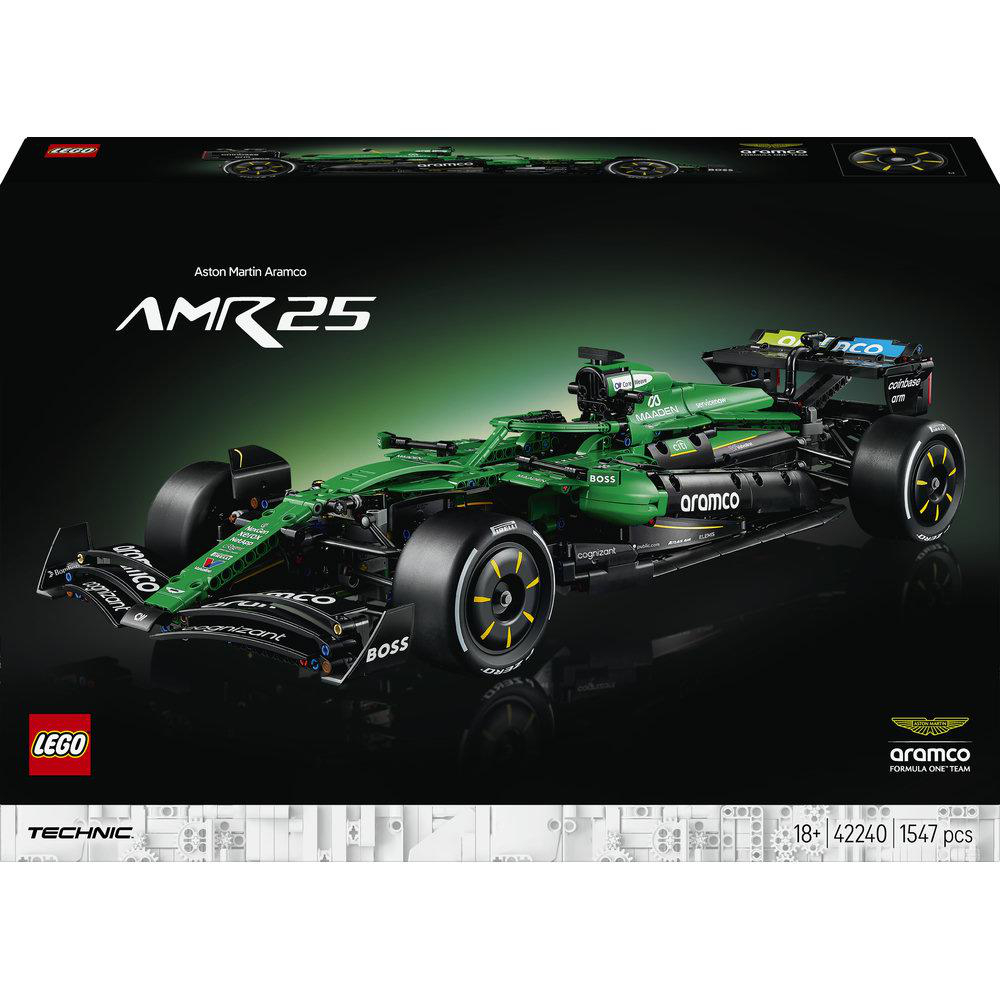 Lego Technic Aston Martin AMR25 F1-Automodell, grün und schwarz mit Sponsorenlogos.