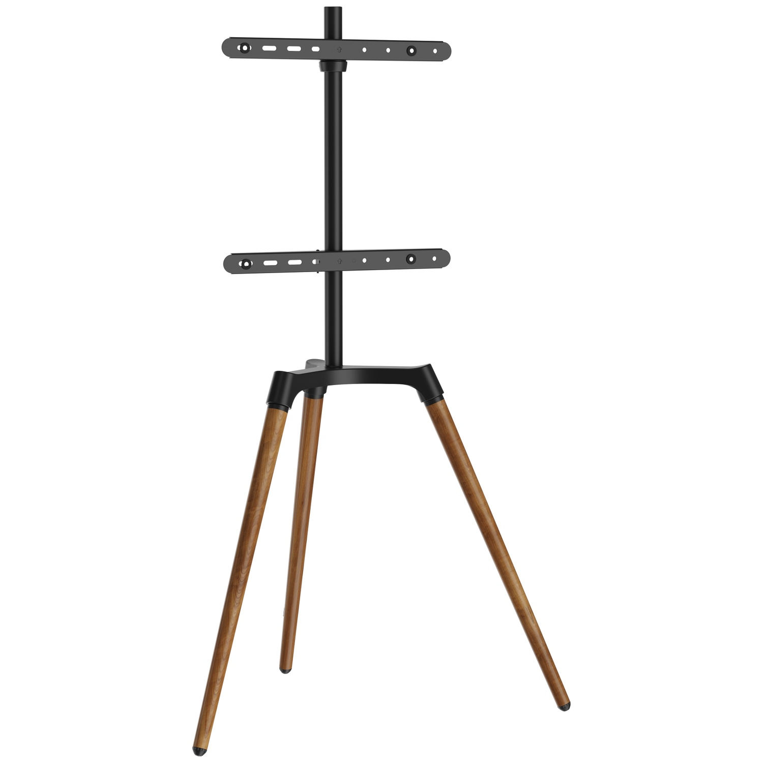 A black tripod TV stand with two adjustable mounting arms and wooden legs.
