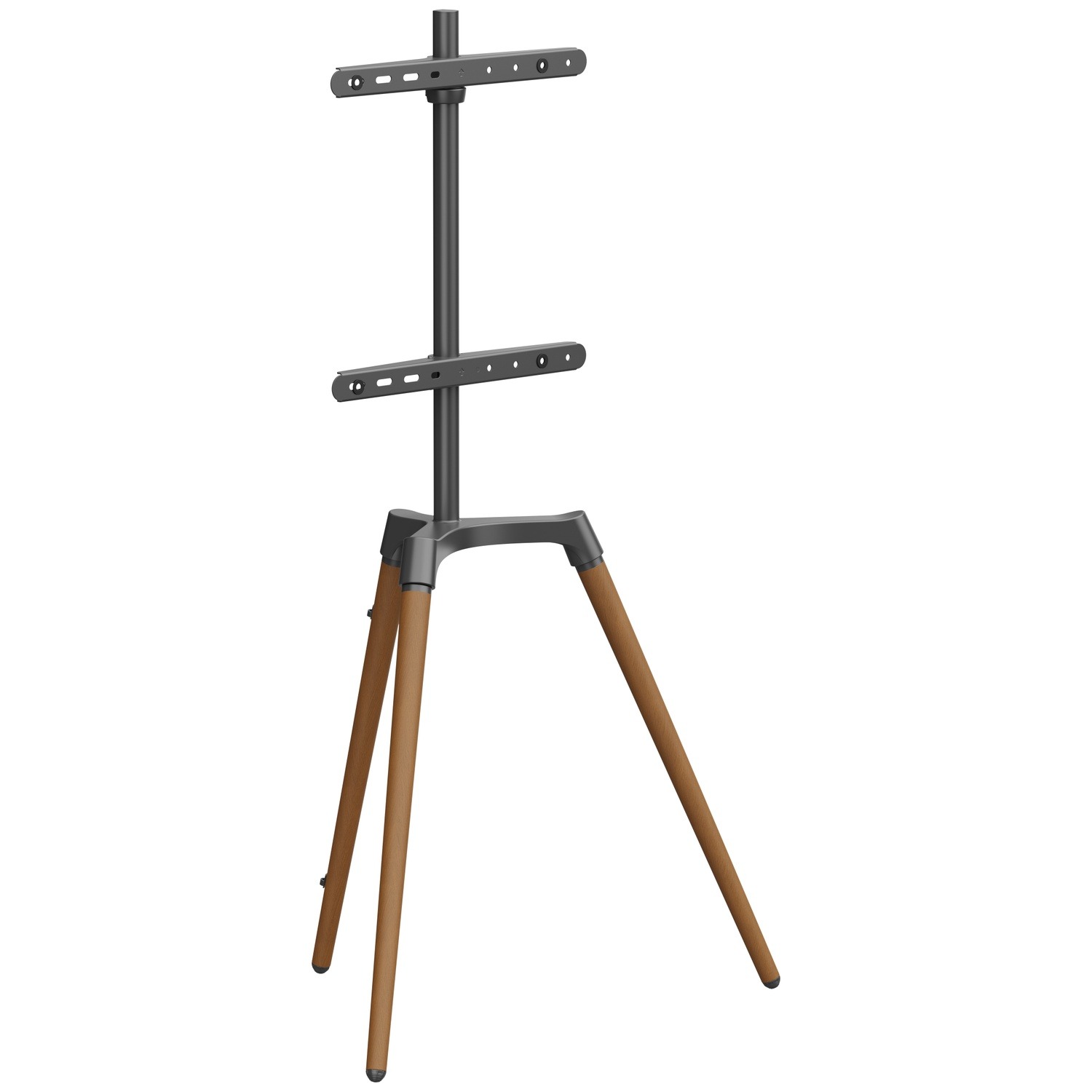 A modern TV stand with three wooden legs and a dark metal frame.