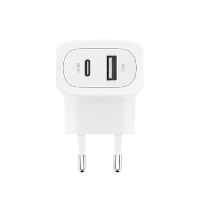 Tek USB-C ve tek USB-A bağlantı noktasına sahip beyaz USB şarj cihazı.