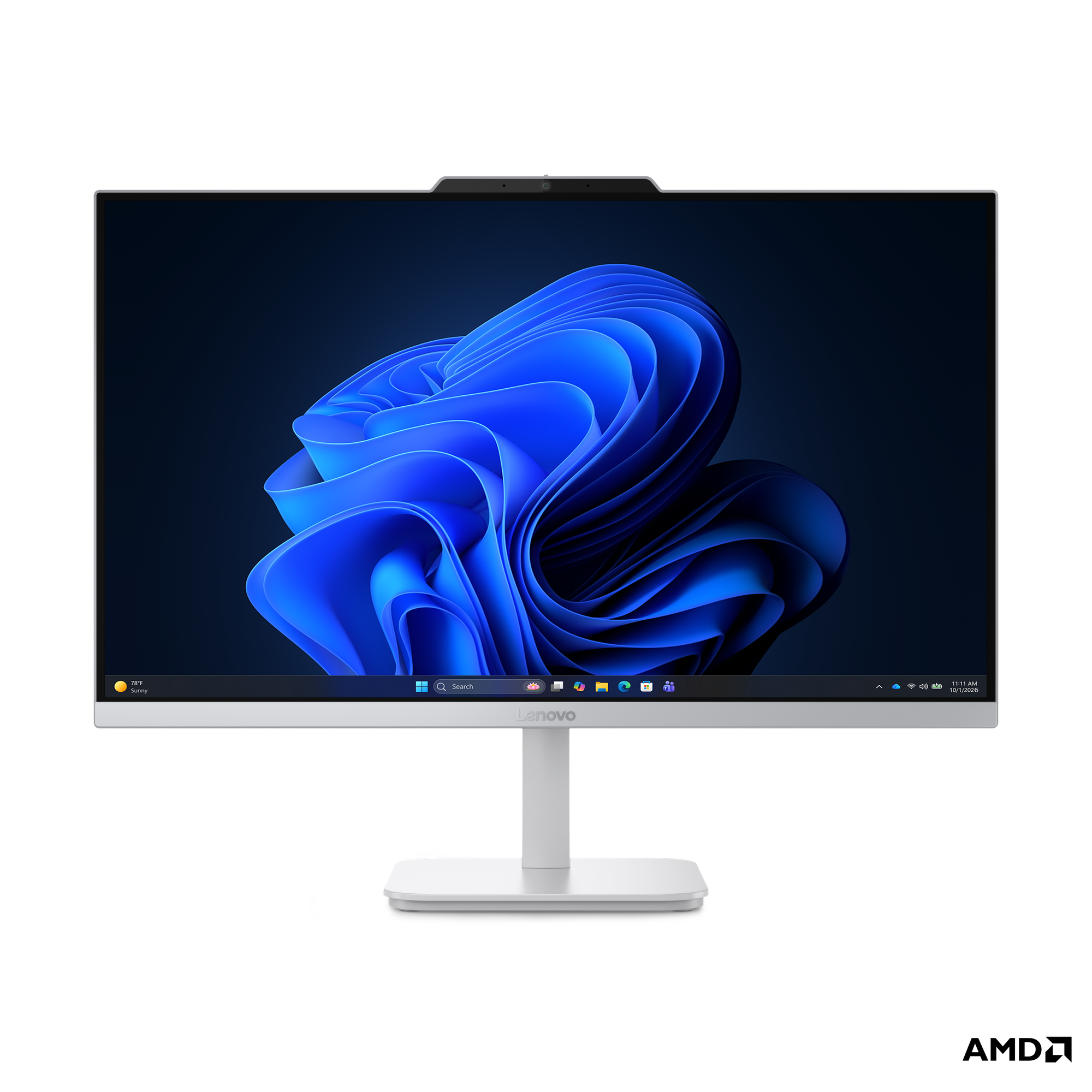 Mavi soyut duvar kağıdı gösteren şık beyaz bir Lenovo monitör.