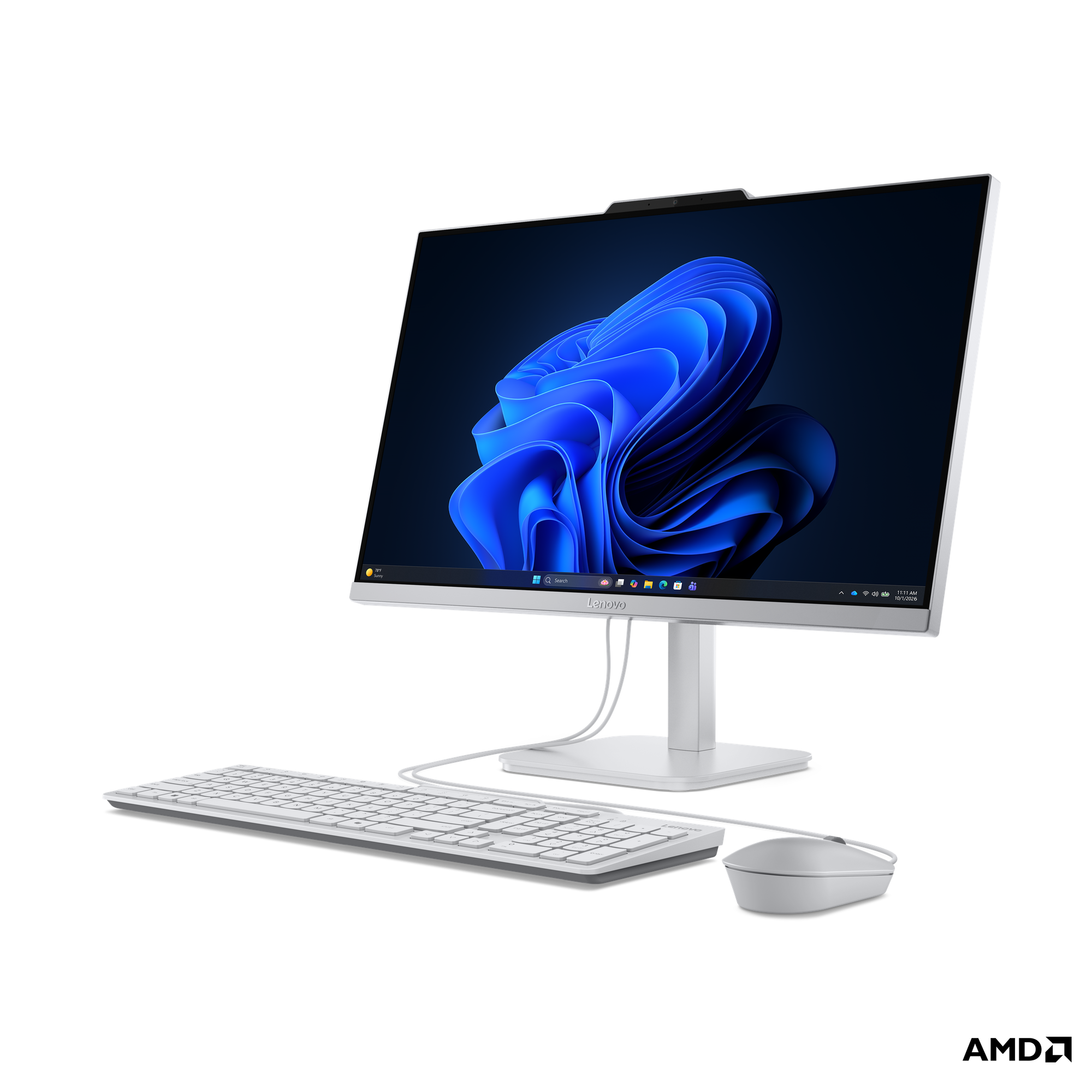 Siyah arka plan üzerinde beyaz bir Lenovo hepsi bir arada bilgisayar, klavye ve fare.