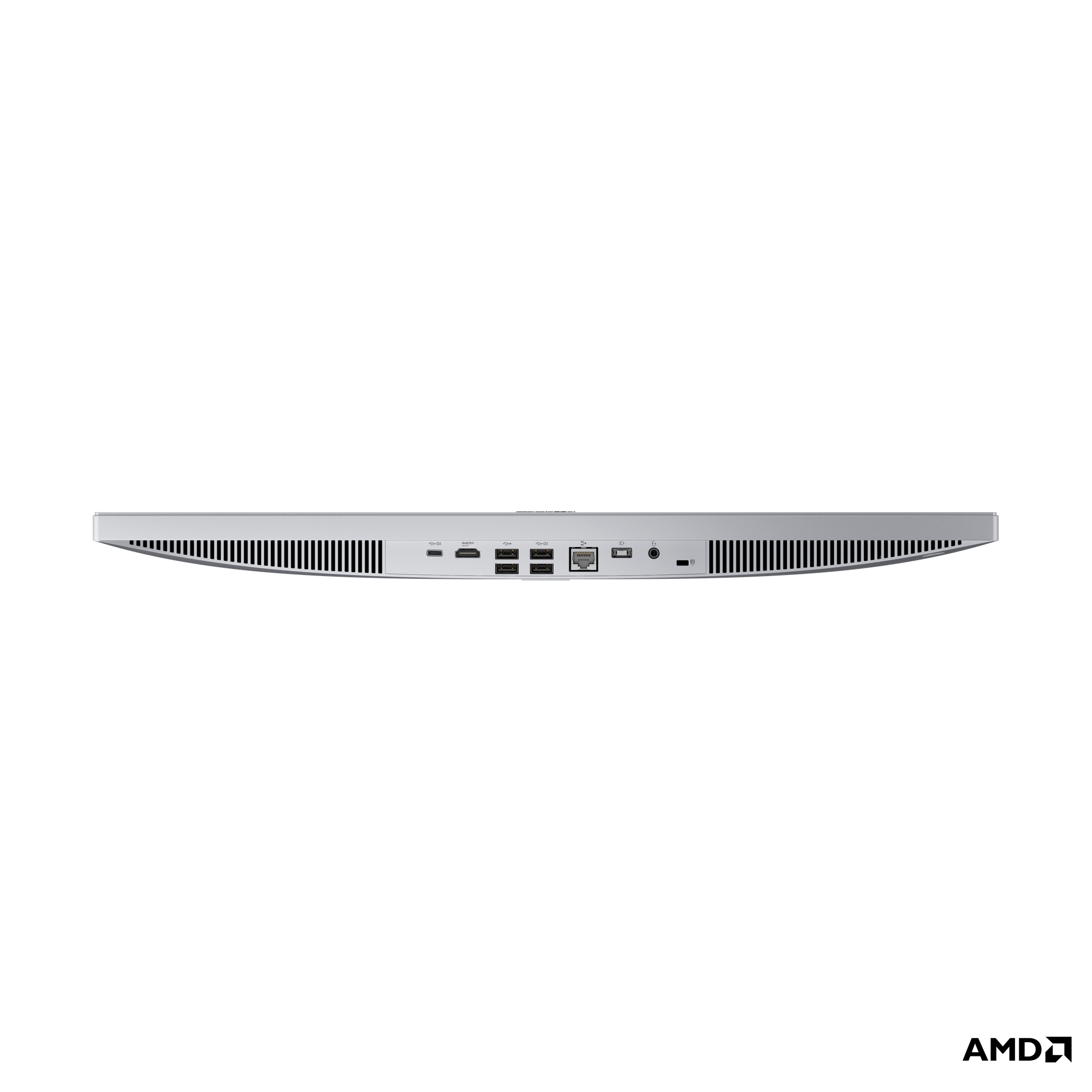 Gümüş rengi bilgisayarın arkası, USB, HDMI, LAN bağlantı noktaları.
