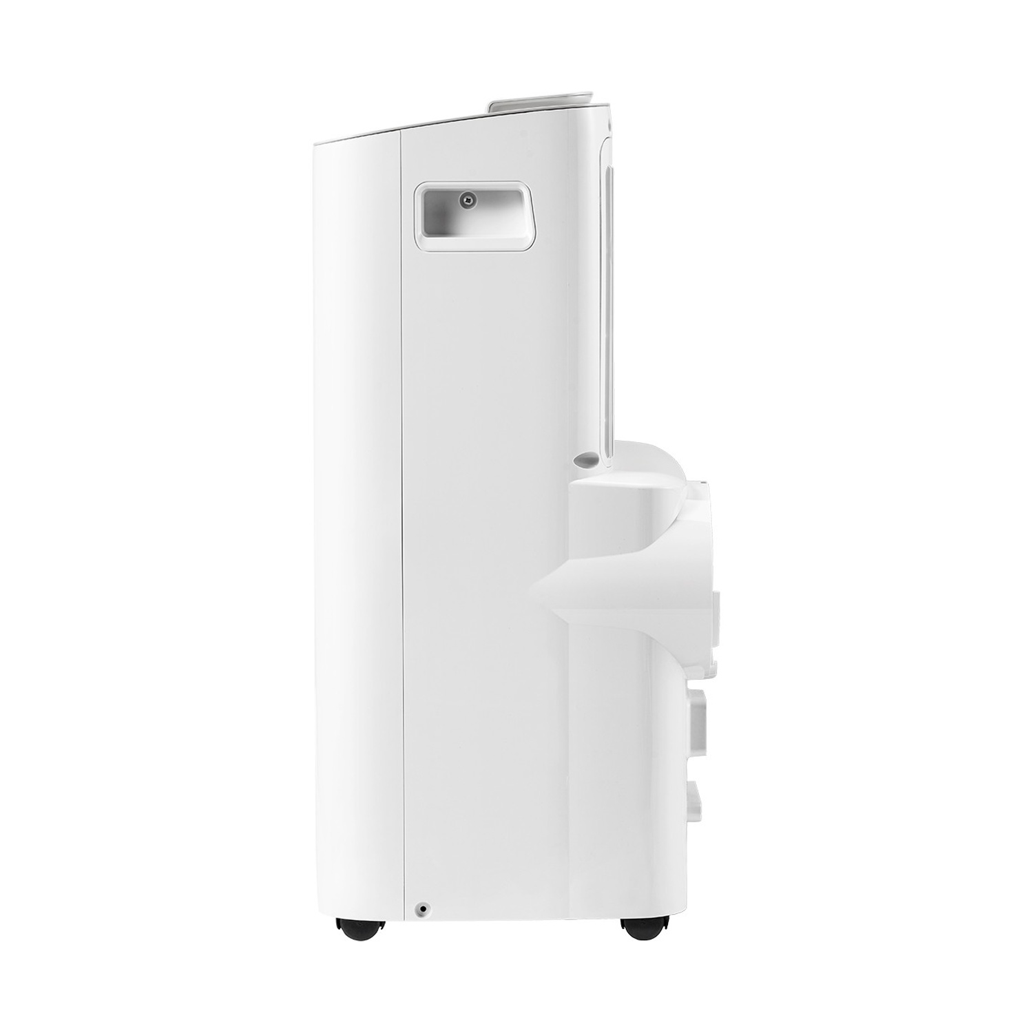 Elettrodomestico bianco e moderno su ruote con maniglia e pulsanti.