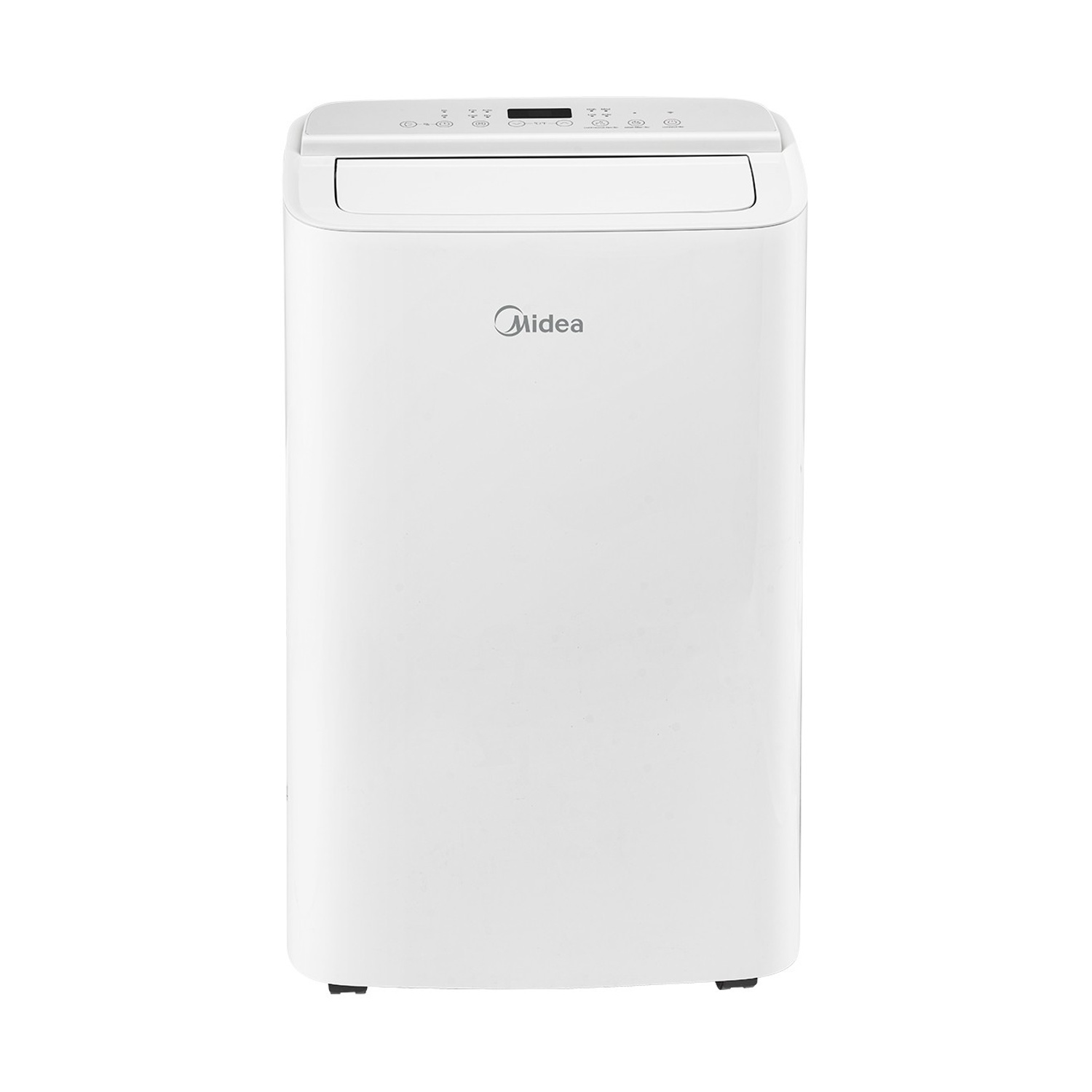 Una torre bianca di condizionatore portatile Midea con pannello di controllo.