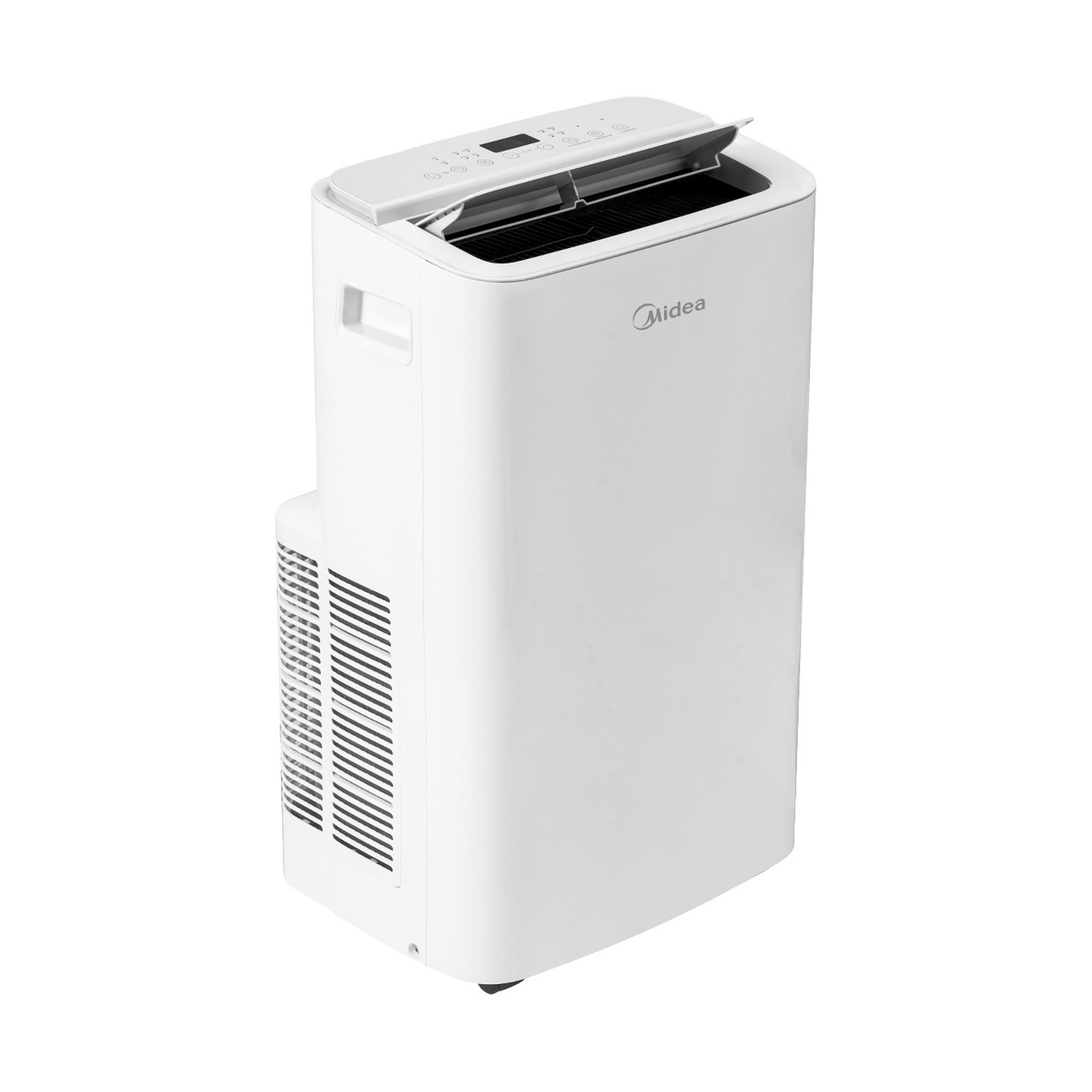 Un condizionatore portatile Midea bianco con display digitale e bocchette superiori aperte.