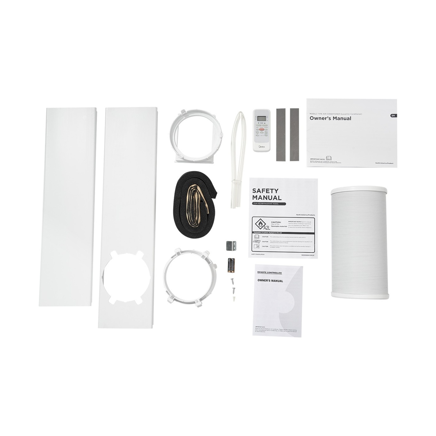Accessori condizionatore mobile: guarnizione finestra, tubo scarico, telecomando, manuali.