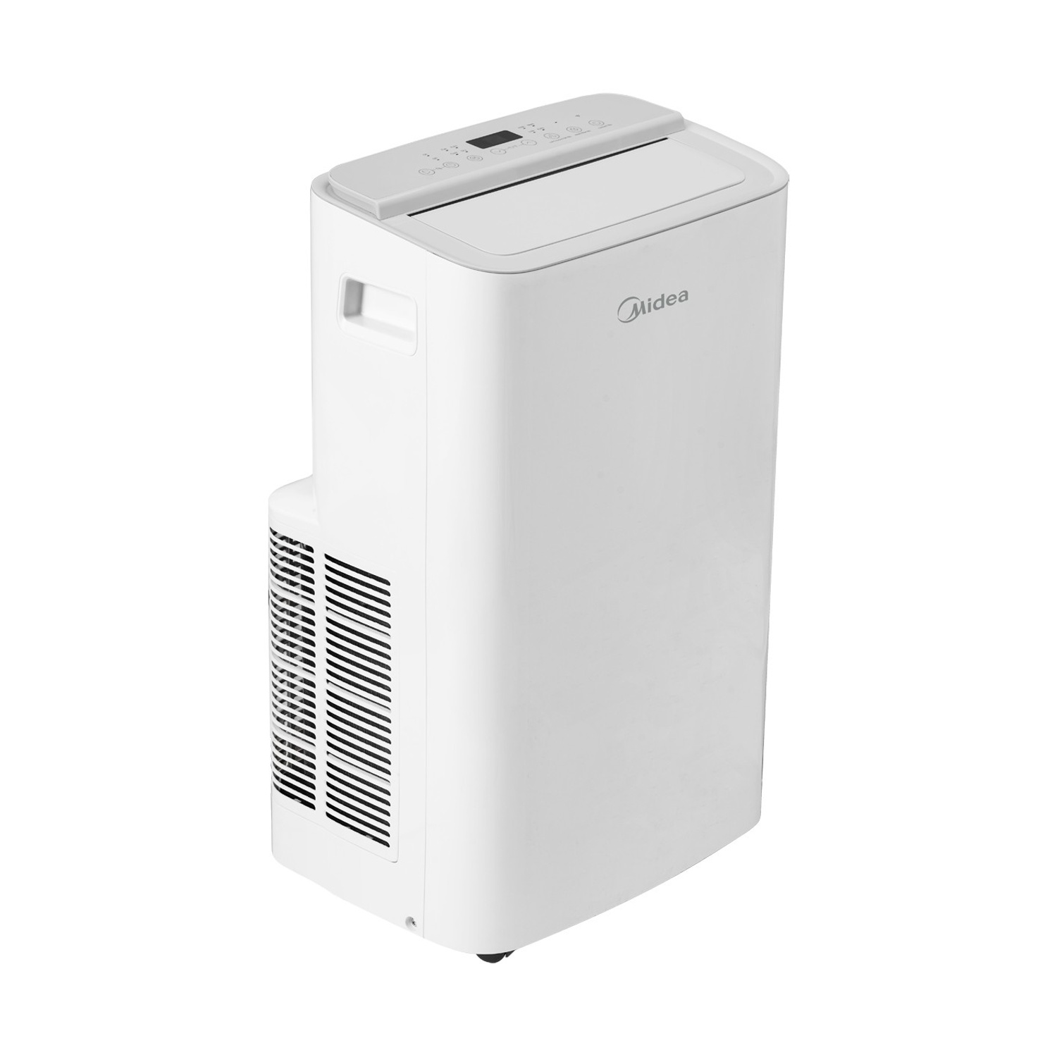 Un condizionatore portatile bianco Midea con display digitale e bocchette.