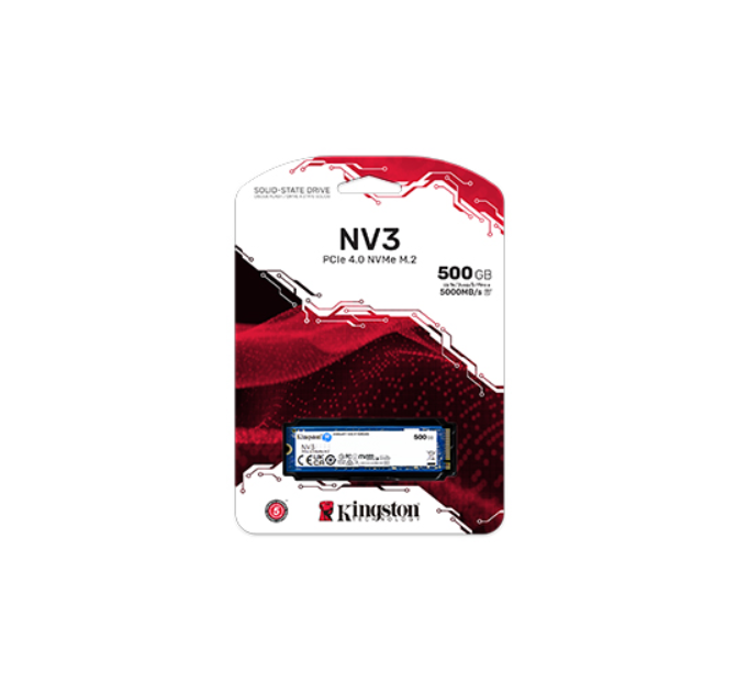 Kırmızı tasarımlı ambalajında Kingston NV3 500GB M.2 NVMe SSD.