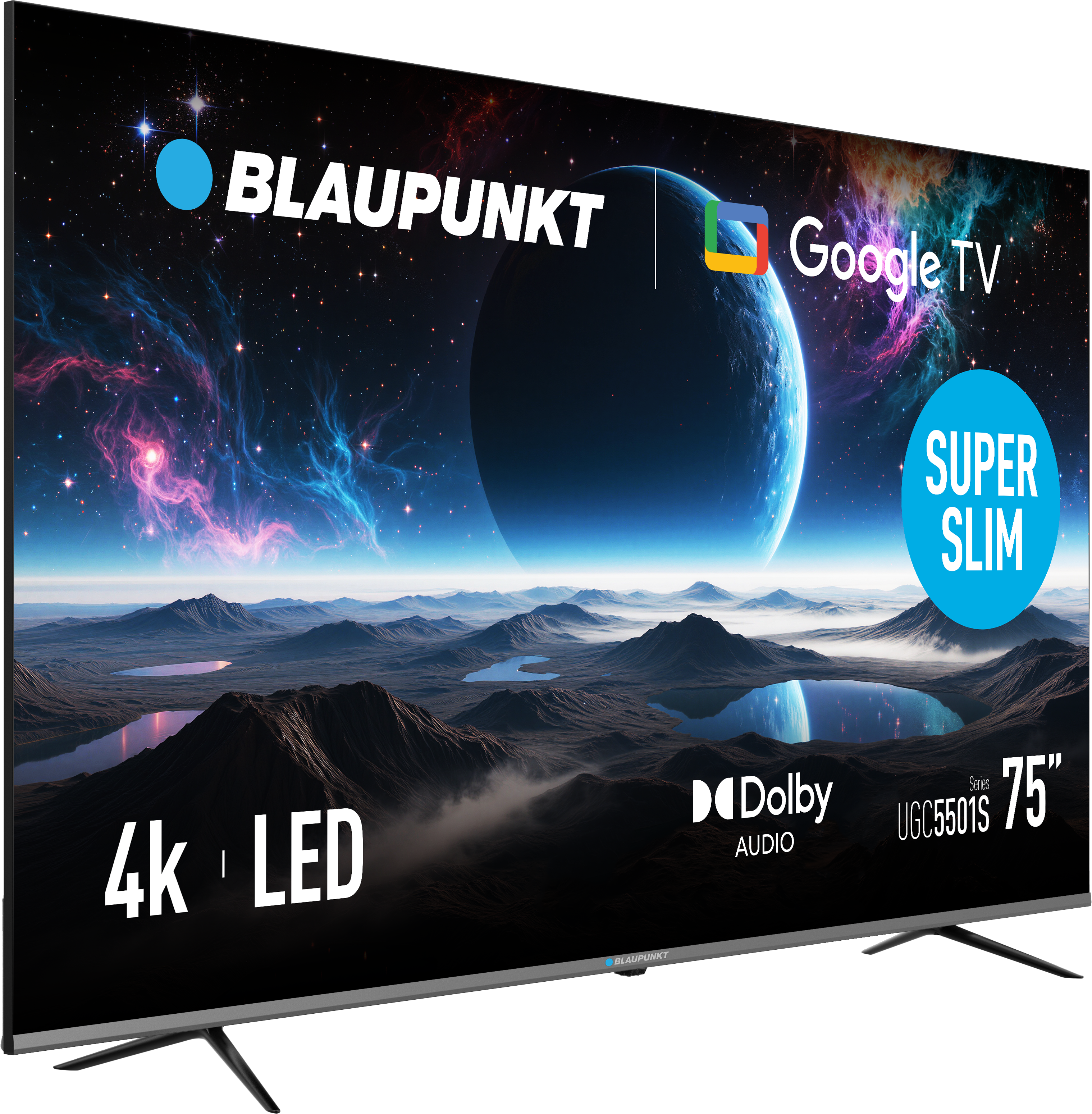 75-calowy telewizor Blaupunkt Google TV z ekranem 4K LED, Dolby Audio i kosmicznym motywem.