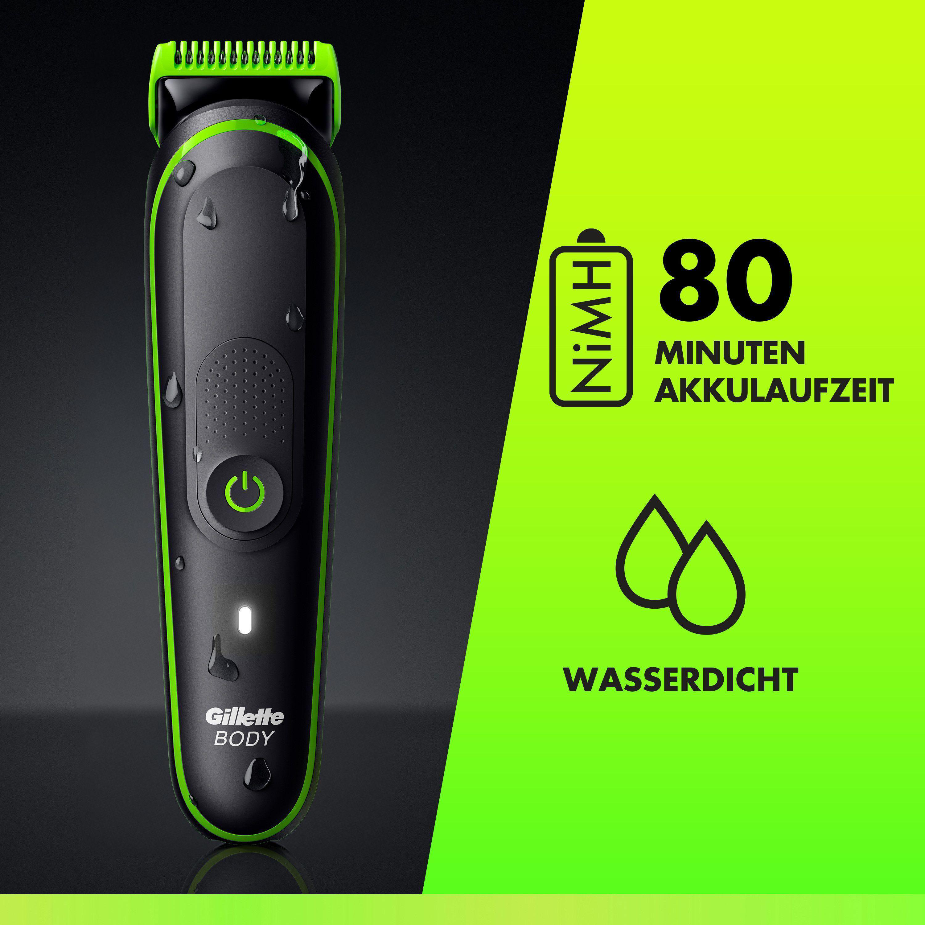 Wasserdichter schwarzer Trimmer mit grünen Akzenten, 80 Min. Akkulaufzeit.