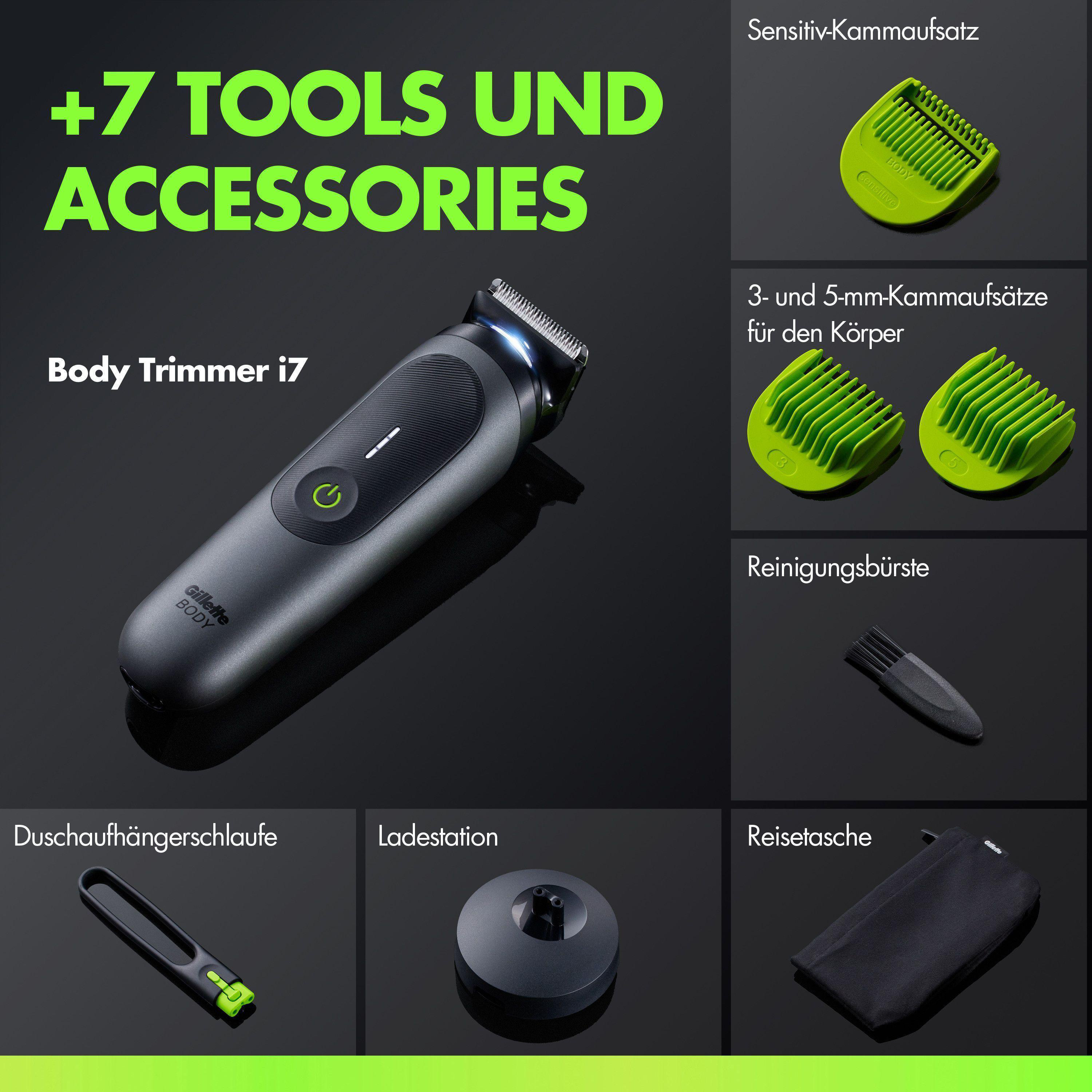 Body Trimmer i7 mit Zubehör: Kämme, Bürste, Ladestation, Tasche.
