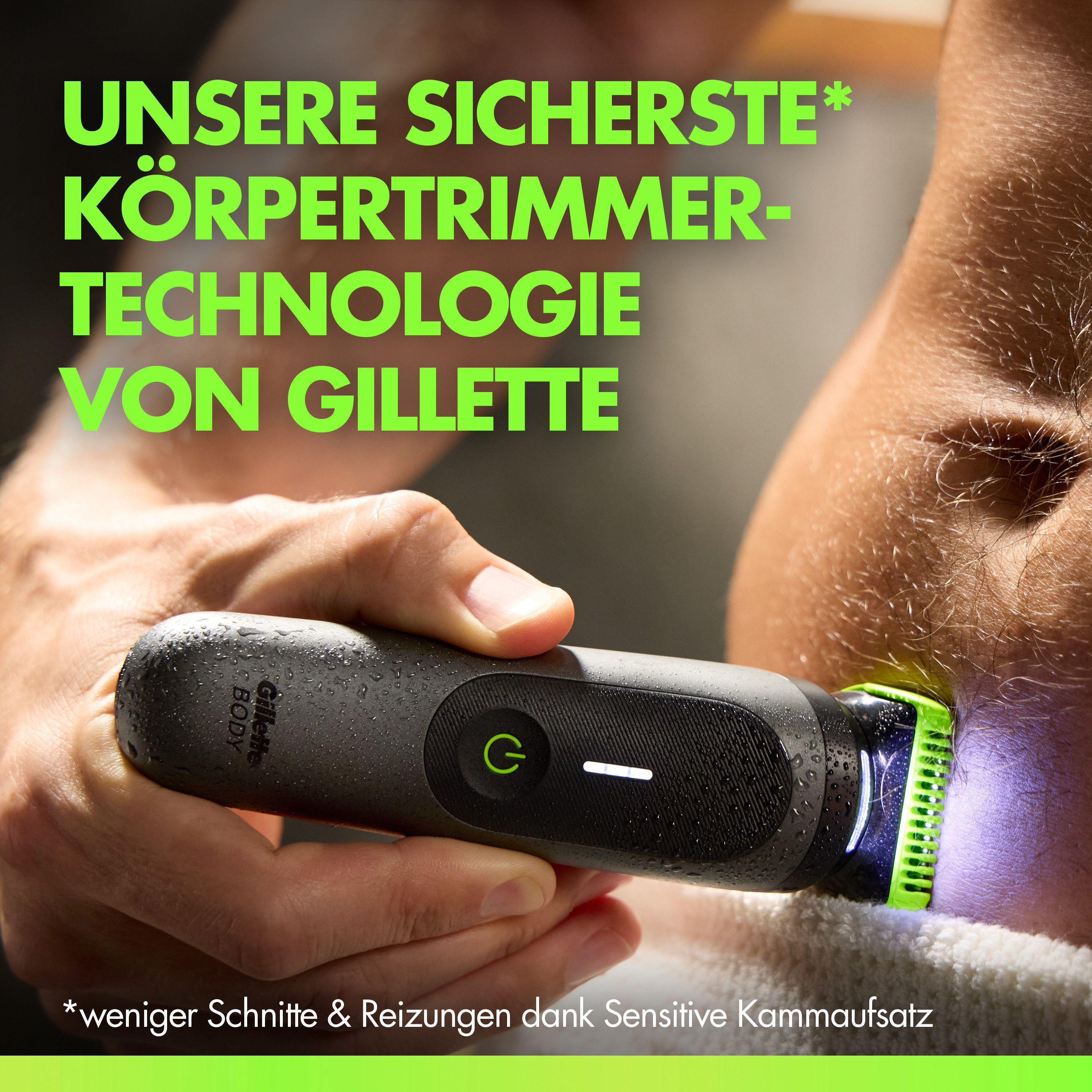 Ein Mann benutzt einen Gillette Body Trimmer am Körper. Der Trimmer hat einen grünen Aufsatz.