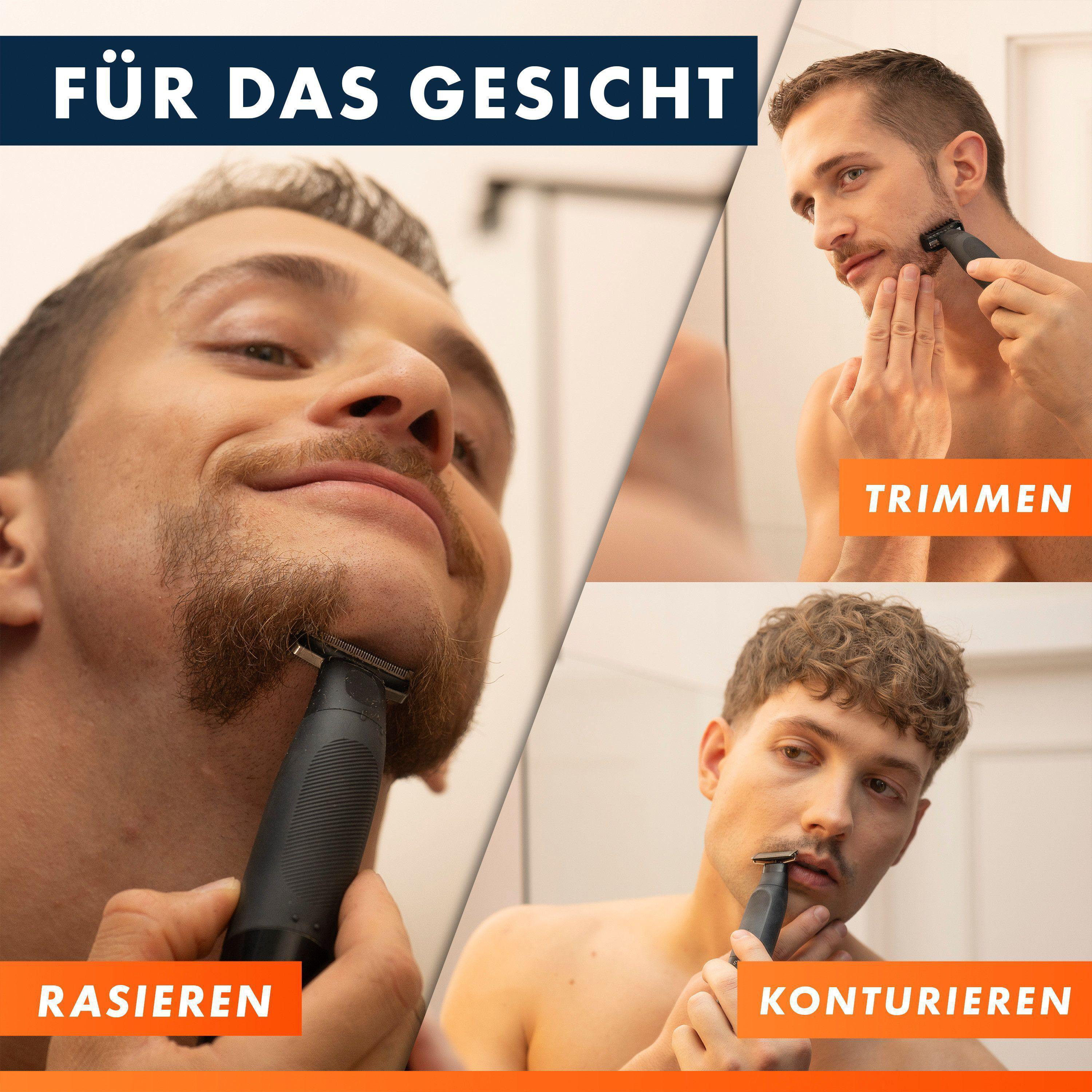 Drei Männer im Bad rasieren und trimmen ihr Gesichtshaar mit einem Trimmer.