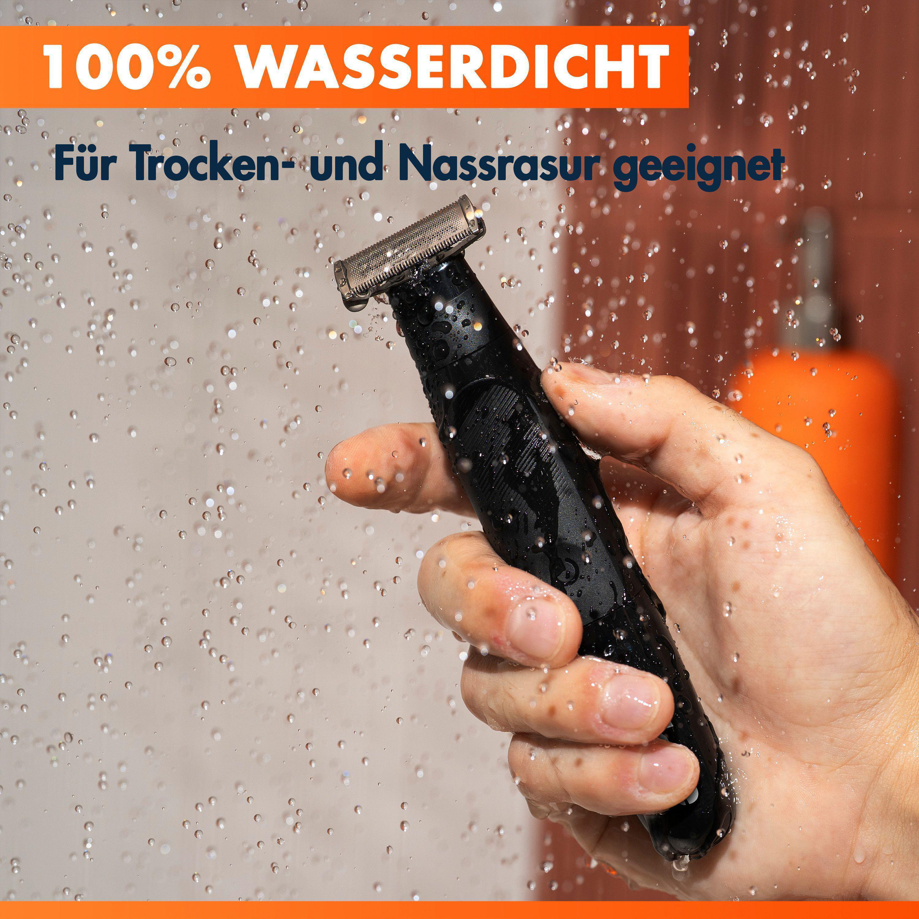 Person hält schwarzen wasserdichten Trimmer unter Wasser. "100% WASSERDICHT".