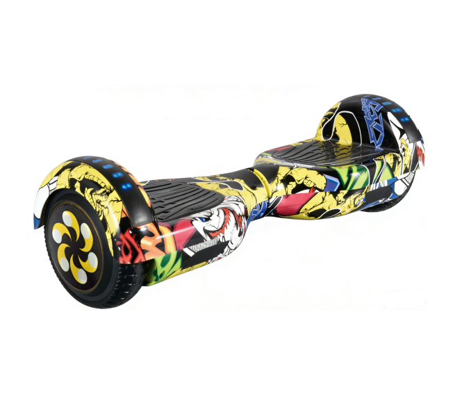 Renkli grafiti desenli ve parlak LED ışıklı bir hoverboard.
