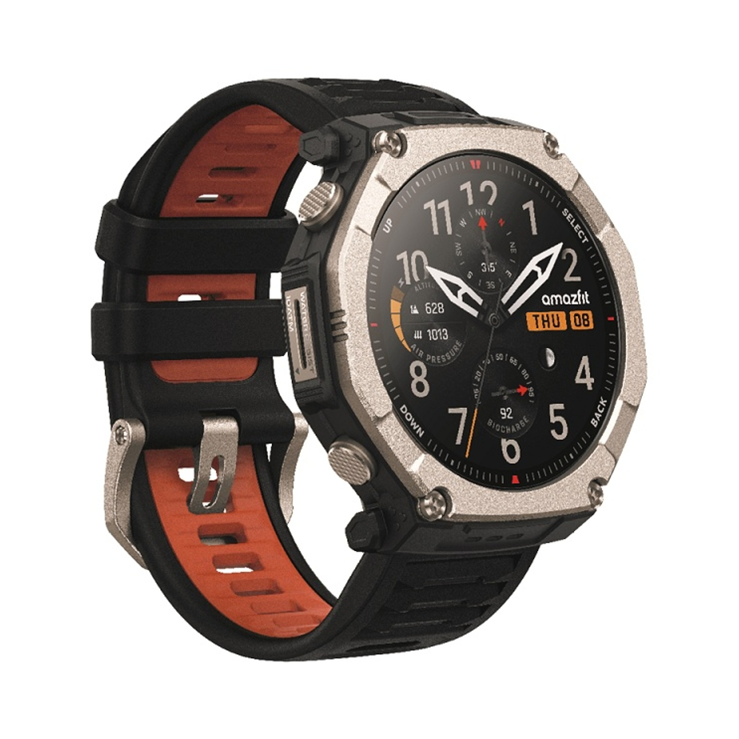 Un robusto smartwatch nero e arancione con lunetta argentata e quadrante nero.