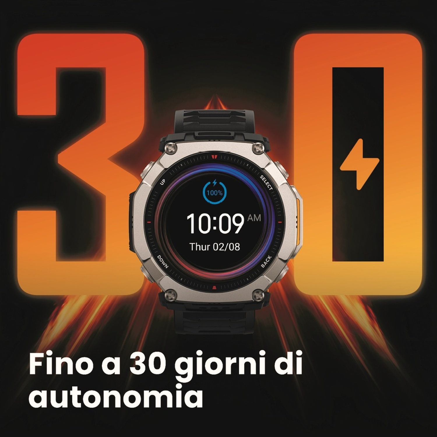Smartwatch con 100% di batteria alle 10:09, davanti a numeri 