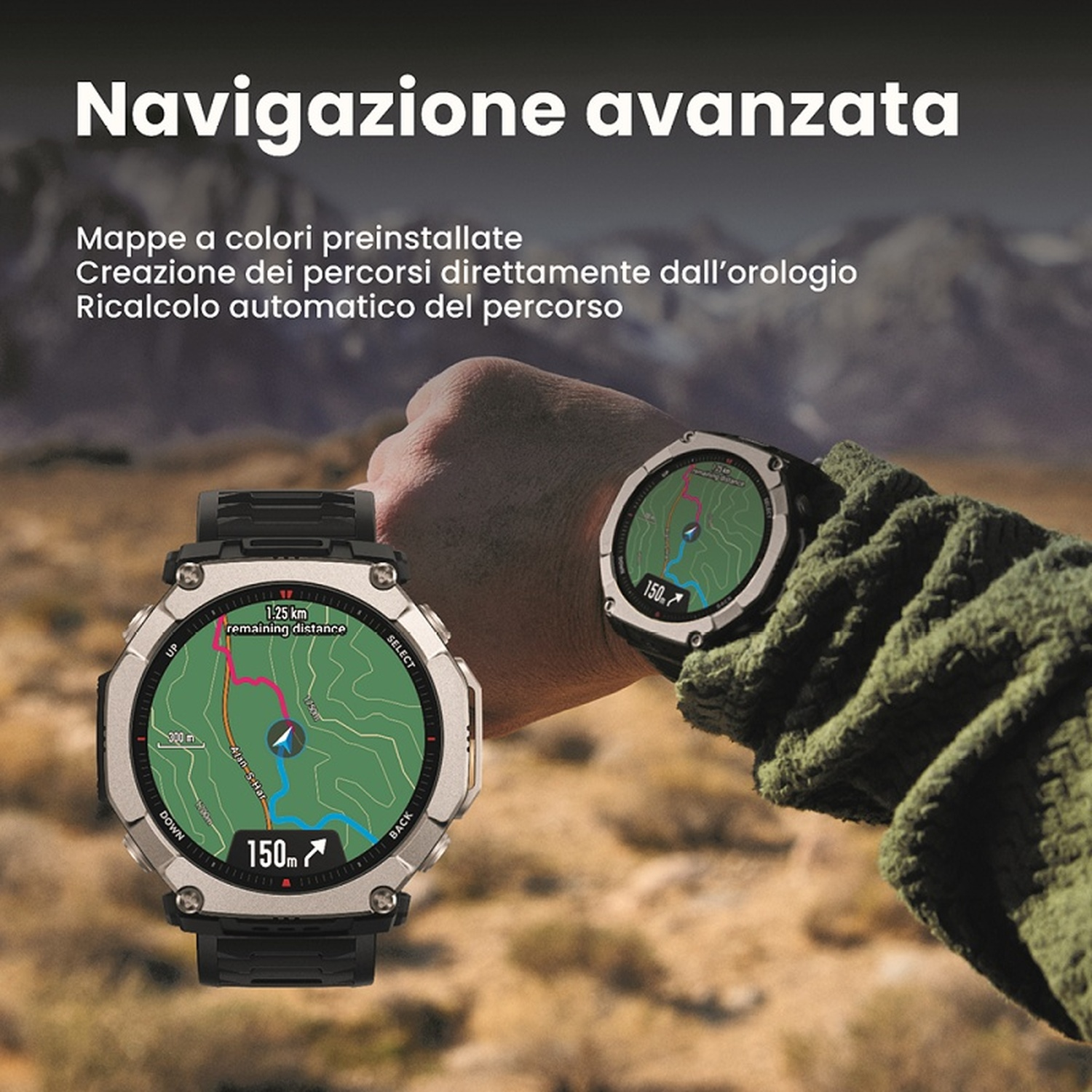 Uno smartwatch mostra una mappa di navigazione. Montagne sullo sfondo.