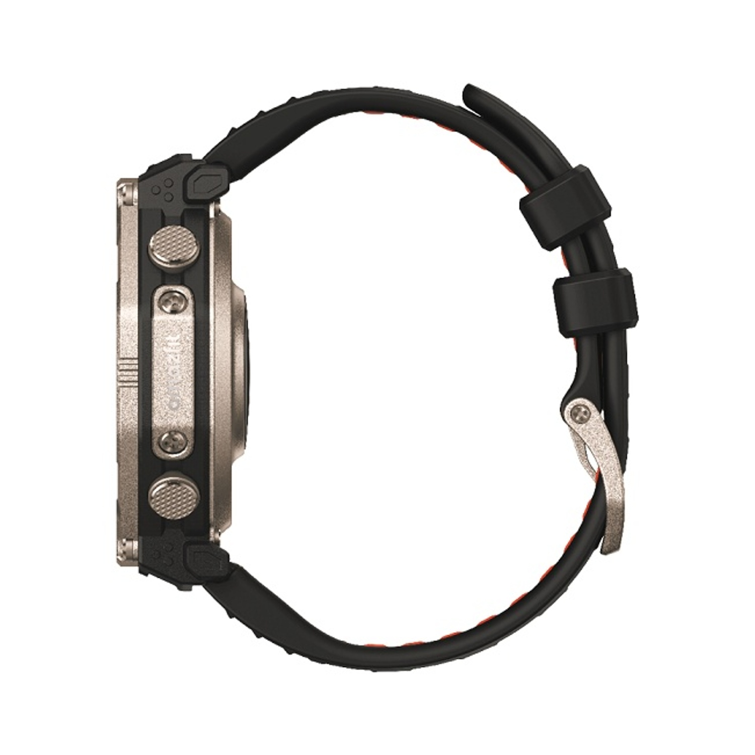 Smartwatch grigio con cinturino nero e accenti rossi, fibbia argentata.