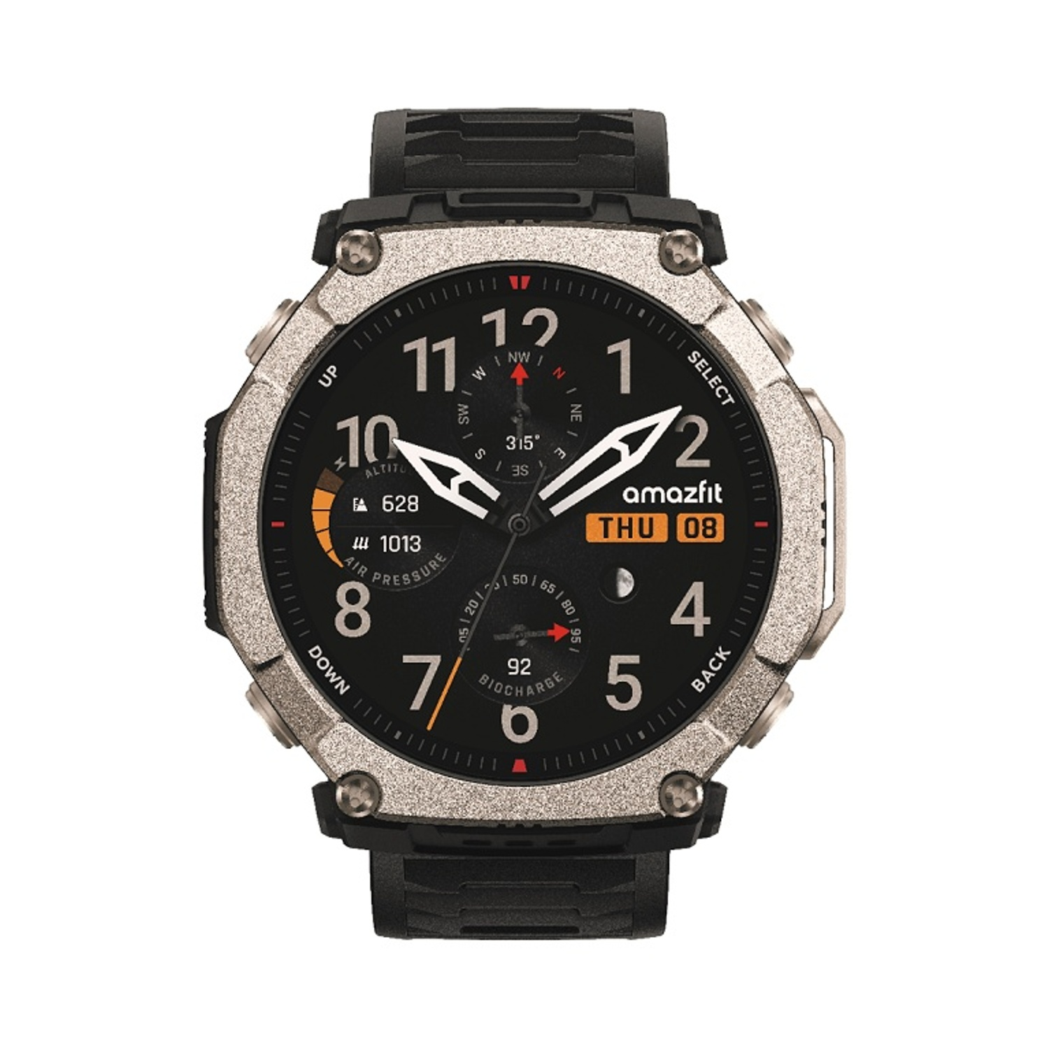 Smartwatch nero con lunetta argentata, quadrante nero e lancette bianche.