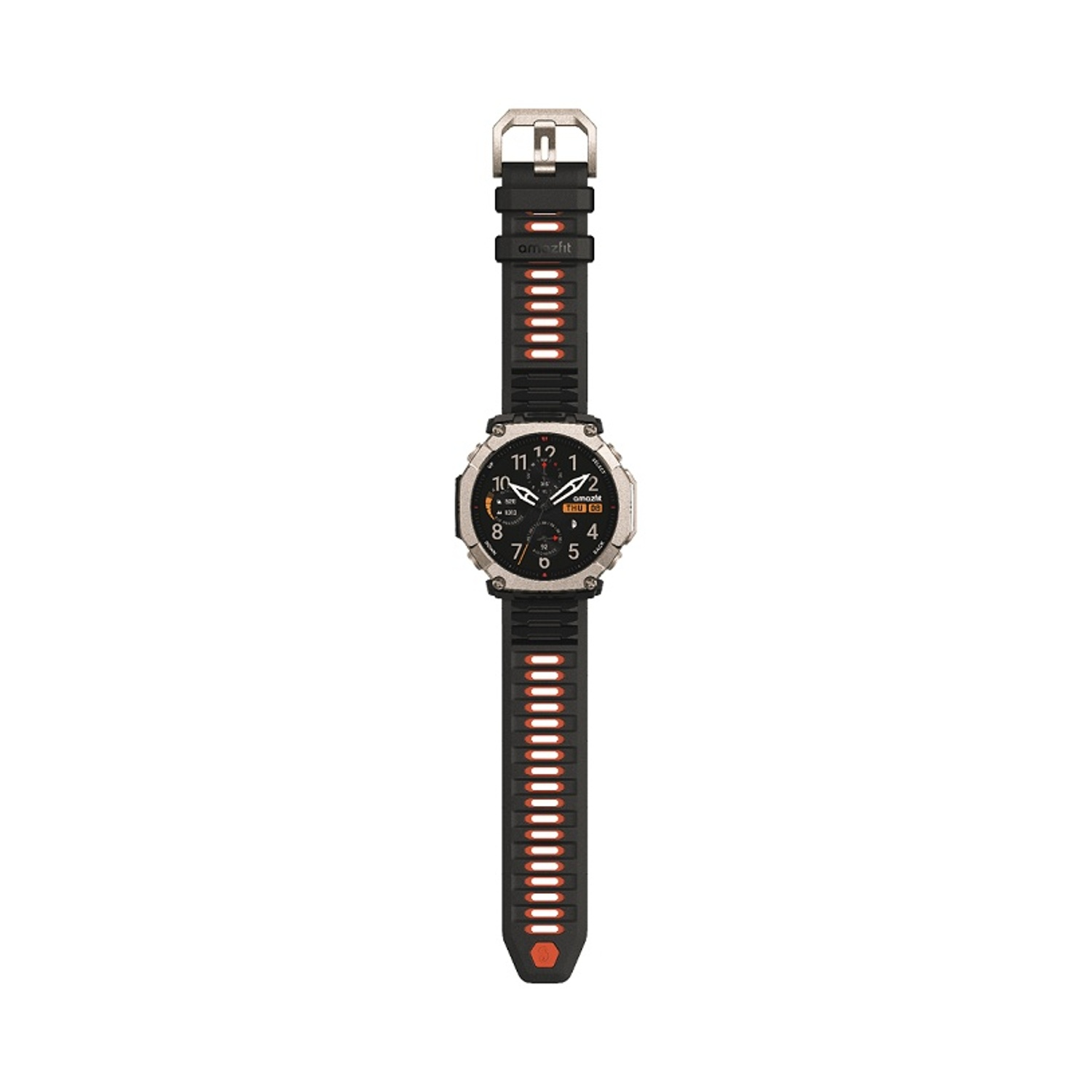 Uno smartwatch nero con cassa argentata e accenti arancioni sul cinturino.