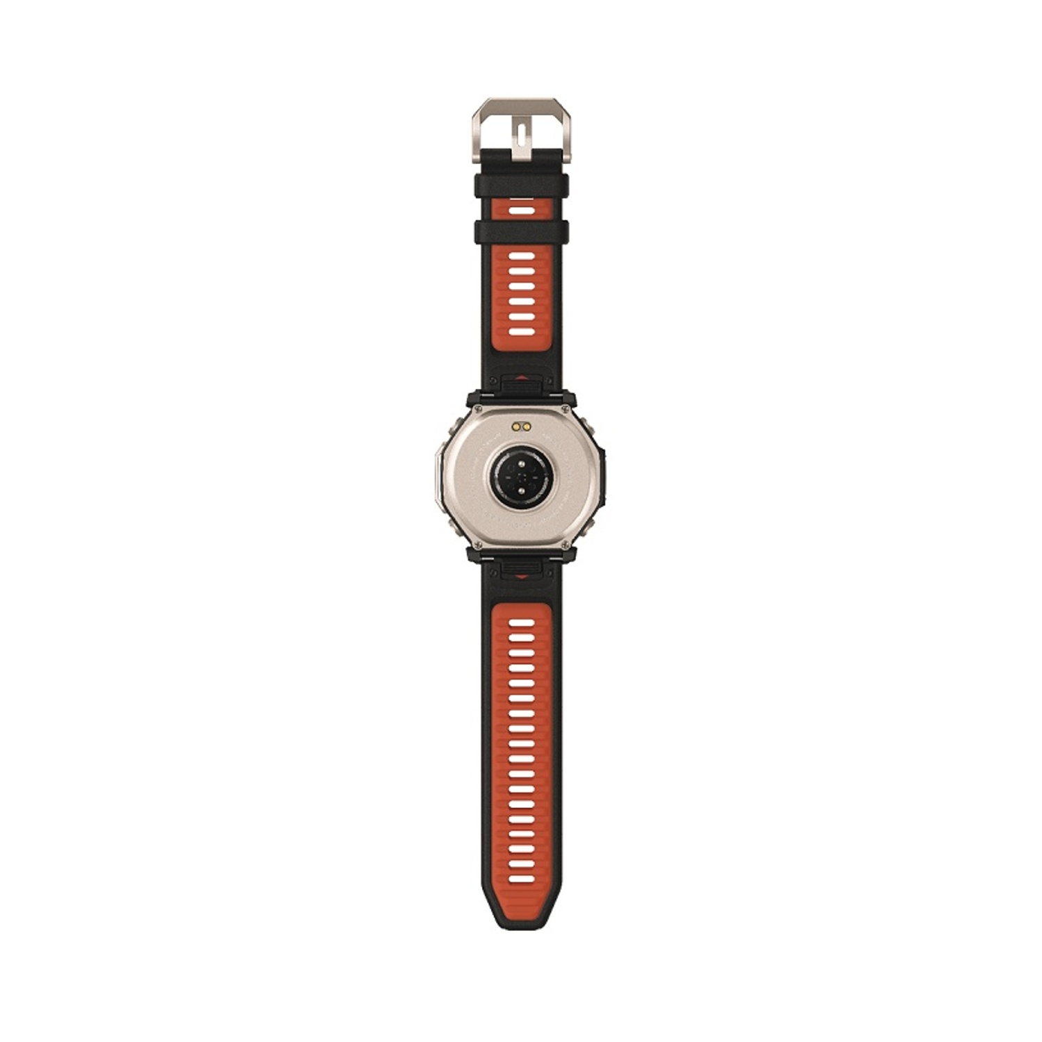 Vista posteriore di uno smartwatch con cassa argentata e cinturino nero e arancione.